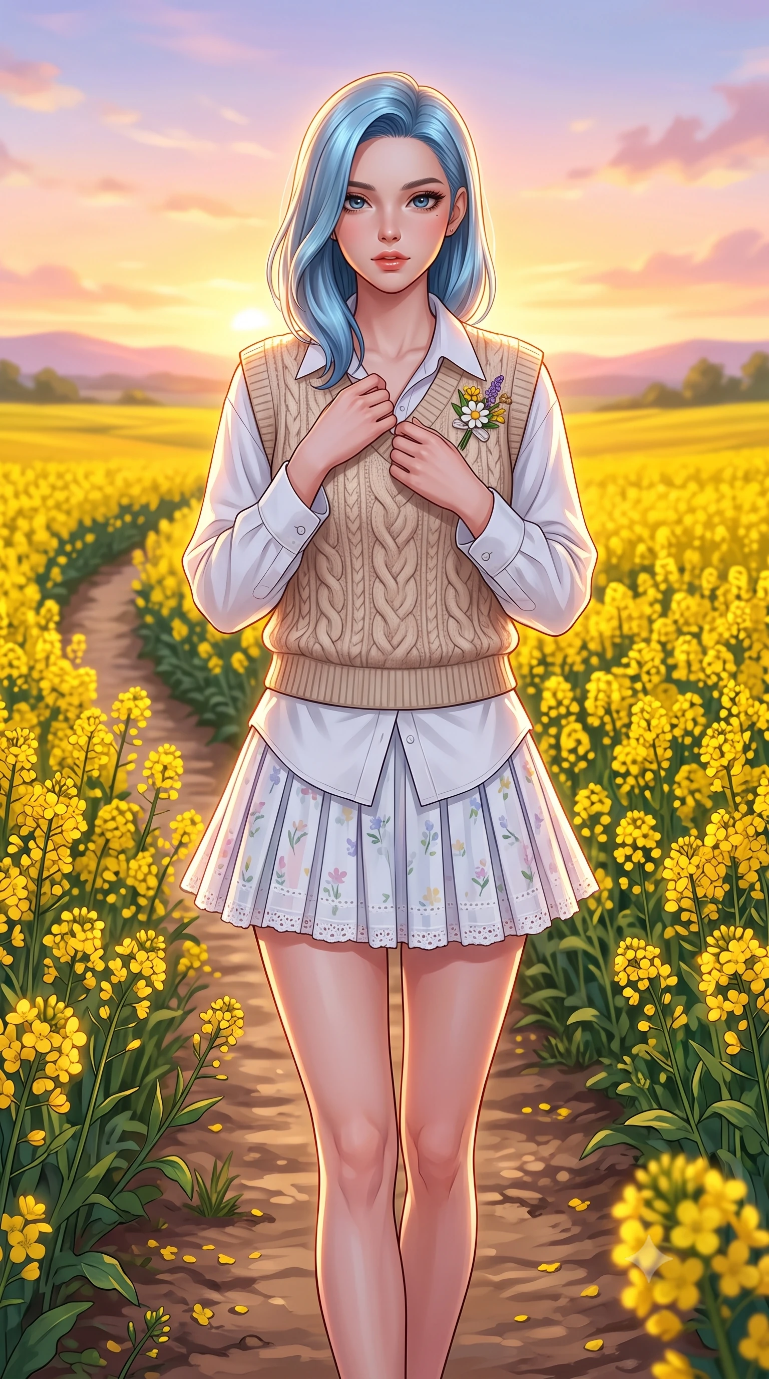 score_9, masterpiece, best quality, ultra-detailed, high-budget anime keyframe, semi-realistic 3D game render, editorial fashion photography, tasteful artistic composition, Korean woman. close-up cowboy shot from the waist and thighs up, the character dominates the composition, filling the frame with her large presence. holding her hands loosely near her heart with an enchanting, affectionate gaze looking directly into the lens while walking gracefully along a winding dirt path bordered by golden canola blooms as the sunset paints the sky in pastel hues. The surrounding environment is rendered in vivid detail and crisp panoramic clarity. warm high-contrast golden hour chiaroscuro and expansive agricultural countryside in precision. She has an exceptionally elegant, slender, and willowy female figure with an ultra-slim waist, a gracefully sculpted slender torso, toned flat midriff, and a refined slim silhouette. sharp v-shaped jawline, high-bridge nose, intricate jewel-like eyes with depth, thick eyelashes, glossy lips with a natural sheen, pure and lovely fresh girlhood expression, flawlessly proportioned anatomical accuracy, strict slender model proportions, natural body alignment, perfectly sculpted long slender limbs, ultra-slim waistline, clean dynamic posture without body distortion. wearing a cozy cable-knit sweater vest layered over an oversized crisp white shirt and a pleated tennis skirt in fresh alpine white with subtle pastel floral accents, woven with delicate eyelet lace and breathable cotton voile, complemented by a delicate wildflower corsage pinned to the lapel, the chic real-way fashion cut emphasizing her effortless charm, flat midriff, and slender model proportions. bathed in gorgeous warm golden hour sunset backlighting creating a glowing rim light along her hair and figure. highly saturated vibrant anime colors, detailed shading with soft gradients, rich glossy textures, high-contrast stereoscopic depth, volumetric dynamic lighting, master piece, 9:16 ratio