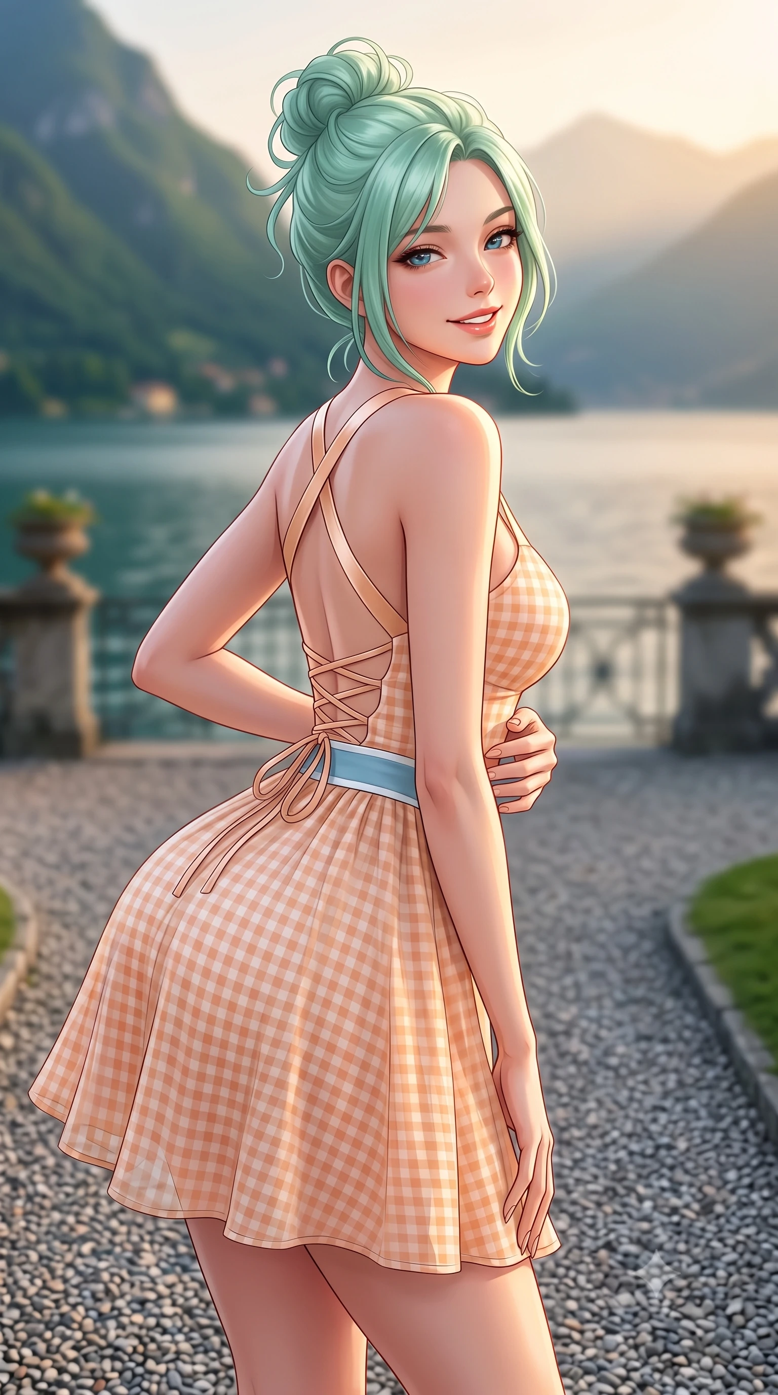 score_9, masterpiece, best quality, ultra-detailed, high-budget anime keyframe, semi-realistic 3D game render, editorial fashion photography, tasteful artistic composition, Japanese woman. close-up cowboy shot from the waist and thighs up, the character dominates the composition, filling the frame with her large presence. leaning forward with playful sun-kissed grace while arching her lower back to accentuate her curvy hips, looking into the camera with a radiant teasing smile and alluring bedroom-eyes while pausing gracefully on the gravel garden terrace with one hand resting on her narrow waist, her statuesque presence commanding the lake vista. The composition keeps background elements in soft focus with dreamy creamy bokeh. tranquil Lake Como waters and dramatic Alpine foothills in golden mist blurred into emerald, slate blue, and warm champagne bokeh. She has an exceptionally elegant, slender, and willowy female figure with an ultra-slim waist, flat toned midriff, narrow ribcage, and sculpted feminine hips creating an alluring, slim hourglass silhouette without bulk. sharp v-shaped jawline, high-bridge nose, sparkling amber-hazel eyes with depth, long lush eyelashes, glossy sun-kissed lips with a warm coral glaze, radiant teasing smile with sensual sunlit bedroom-eyes, exuding effortless old-money elegance and intoxicating sun-drenched allure, flawlessly proportioned anatomical accuracy, strict slender model proportions, natural body alignment, perfectly sculpted long slender limbs, ultra-slim waistline, clean dynamic posture without body distortion. wearing a backless lace-up gingham sundress in soft apricot with a form-fitting bodice and hip-defining silhouette in Capri sea-spray blue and crisp linen white, tailored from airy semi-sheer chiffon that flutters gently in the evening breeze, finished with criss-cross back satin straps highlighting her graceful shoulder blades, the high-waisted tailoring accentuating her ultra-slim waistline and the enchanting curve of her feminine hips with alluring sunlit charm. bathed in soft romantic evening light descending over the Como alpine basin. highly saturated vibrant anime colors, detailed shading with soft gradients, rich glossy textures, high-contrast stereoscopic depth, volumetric dynamic lighting, master piece, 9:16 ratio