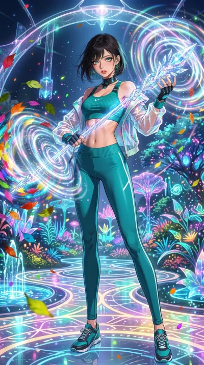 score_9, masterpiece, best quality, ultra-detailed, High-budget Anime Keyframe, beautiful Caucasian anime girl (strictly human ears). Low angle cowboy shot filling the entire 9:16 frame with her statuesque presence. Summoning a staff that creates rip