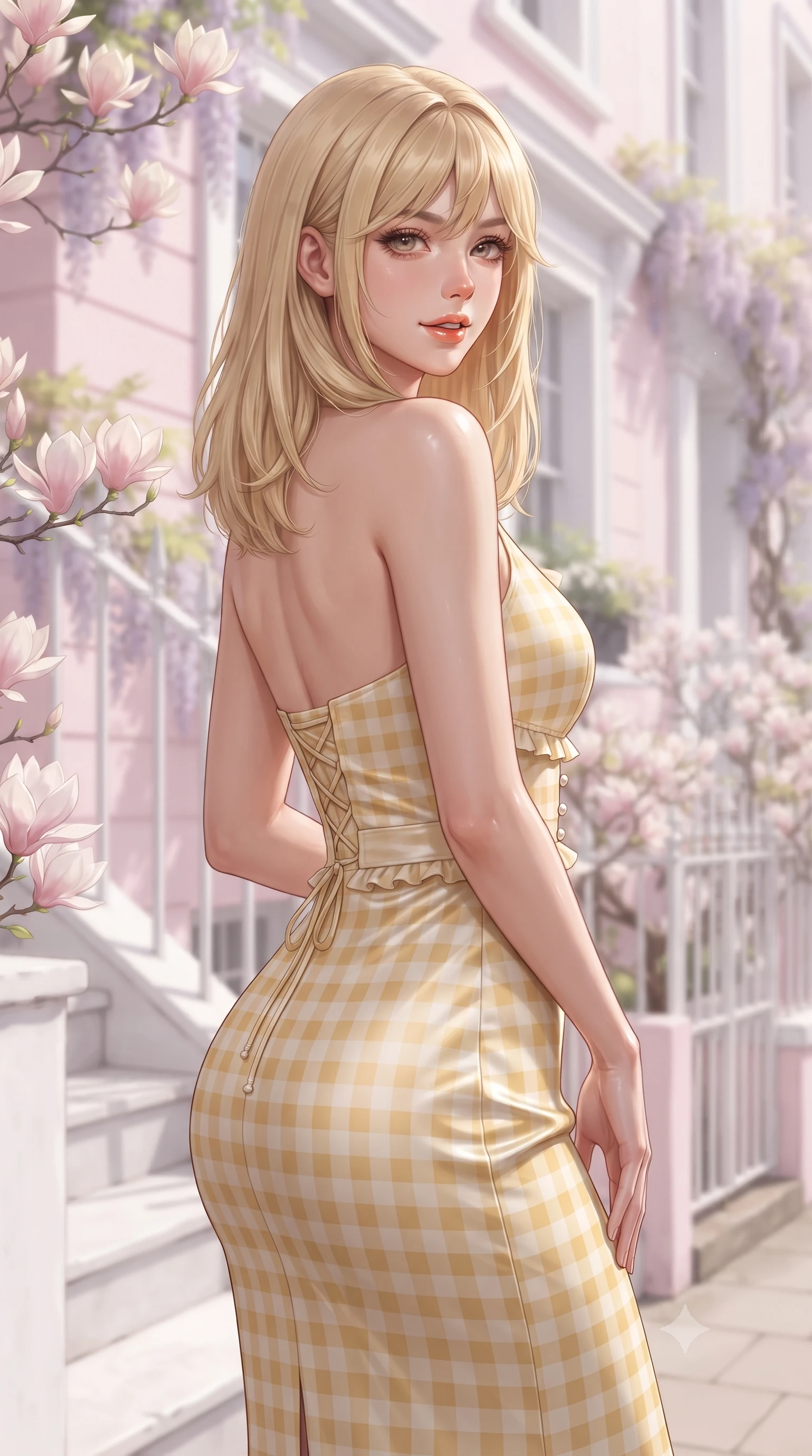 score_9, masterpiece, best quality, ultra-detailed, high-budget anime keyframe, editorial fashion photography, tasteful artistic composition, Japanese woman. close-up cowboy shot from the waist and thighs up, the character dominates the composition, filling the frame with her large presence. posing in an alluring rear three-quarter angle, turning over a bare shoulder with an intoxicating cute smile, her hips cocked back to highlight her slim hourglass curve while standing on the white stone steps of a pastel-pink Victorian townhouse, arching her back with a bright, charming smile under blooming magnolia flowers. The composition keeps background elements in soft focus with dreamy creamy bokeh. quaint garden gates and blooming wisteria vines softened in romantic London shallow focus. She has an exceptionally elegant, slender, and willowy female figure with an ultra-slim waist, flat toned midriff, narrow ribcage, and sculpted feminine hips creating an alluring, slim hourglass silhouette without bulk. sharp v-shaped jawline, high-bridge nose, intricate jewel-like sparkling eyes with depth, thick eyelashes, glossy parted lips with a natural peach sheen, bright cheerful beaming smile with an enchanting and coquettish sensual glint, exuding both youthful cute charm and seductive allure, flawlessly proportioned anatomical accuracy, strict slender model proportions, natural body alignment, perfectly sculpted long slender limbs, ultra-slim waistline, clean dynamic posture without body distortion. wearing a backless lace-up gingham sundress with a form-fitting bodice and hip-defining silhouette in bright butter yellow and fresh cream white, made of smooth fluid silk satin with a delicate pearlescent sheen, finished with subtle ruffle trims and delicate pearl buttons, the form-contouring cut accentuating her sculpted flat midriff, narrow delicate ribcage, and gracefully curvy hips with supermodel precision. bathed in gentle, luminous British spring sunshine and clean street ambient fill. ultra-reflective glossy finish, specular highlights, rich textural contrasts, high-contrast stereoscopic depth, volumetric dynamic lighting, 2k, ultra detail, master piece, 9:16 ratio