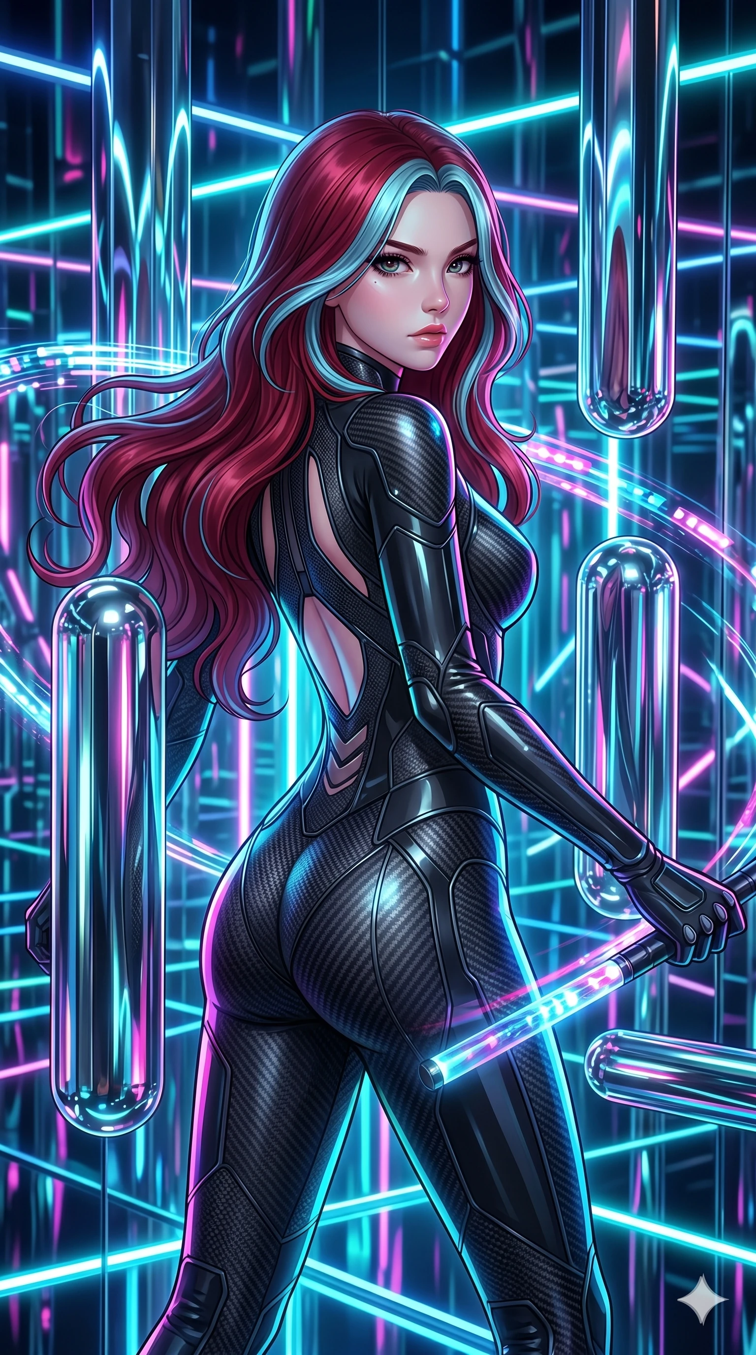 score_9, masterpiece, best quality, ultra-detailed, high-budget anime keyframe, Japanese woman. upper body close-up from the thighs up, character filling the screen for maximum presence. navigating a kinetic light-sculpture mirror maze, passing between floating chromium mirror pillars and rotating LED sticks. She has an absolutely perfect 8-heads proportion, an exceptionally tall and slender female figure with impossibly long slender legs and an ultra-slim waist. V-shaped jawline, high-bridge nose, intricate jewel-like eyes with depth, thick eyelashes, glossy lips with a natural sheen.. wearing a second-skin carbon fiber combat suit, featuring matte carbon fiber and glossy latex panels with elegant slitted cutouts on the upper back. bathed in brilliant cinematic volumetric lighting and intense neon rim light highlighting her slender form. 2k, ultra detail, master piece, 9:16 ratio
