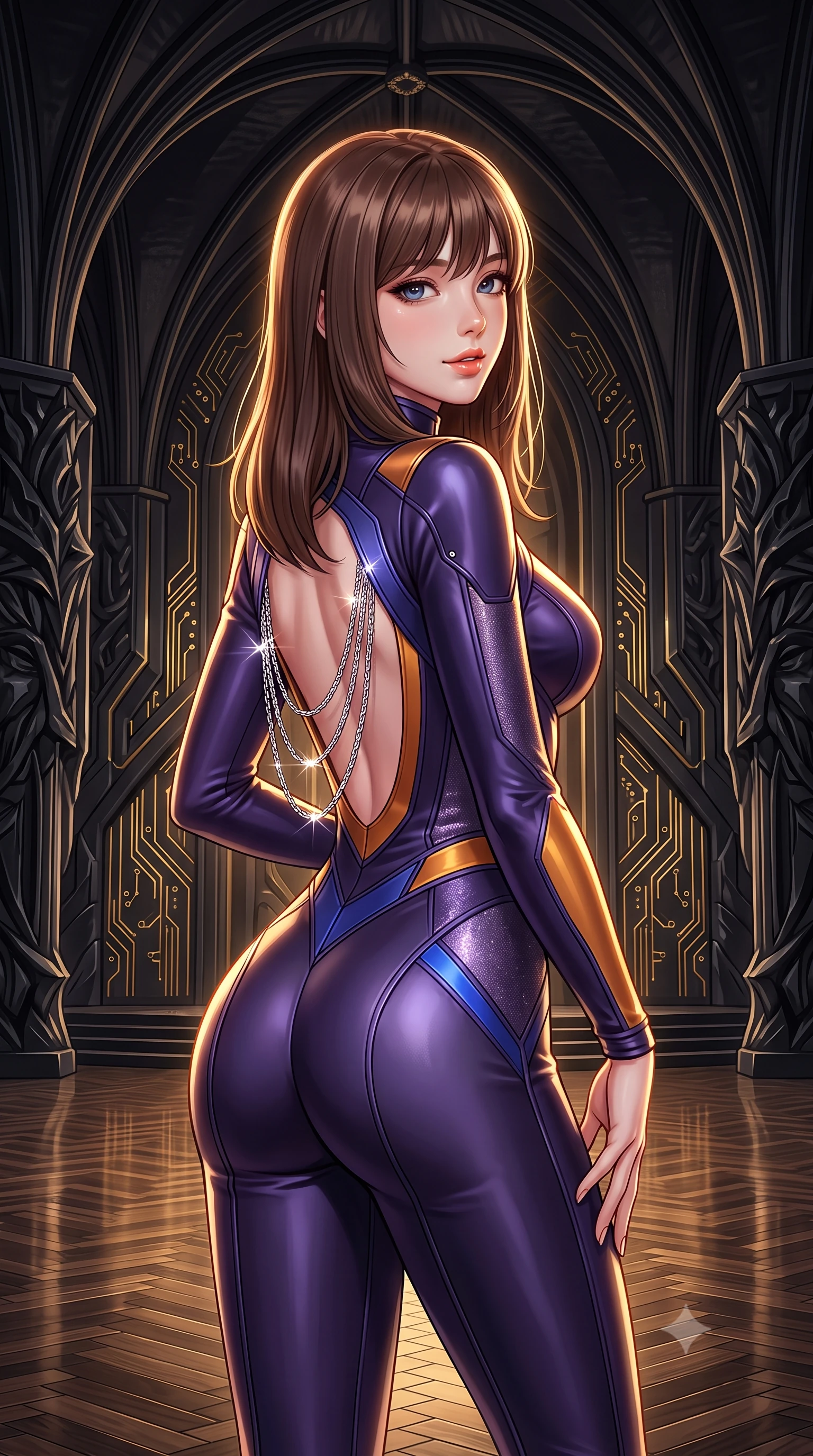 score_9, masterpiece, best quality, ultra-detailed, high-budget anime keyframe, semi-realistic 3D game render, editorial fashion photography, tasteful artistic composition, Korean woman. close-up cowboy shot from the waist and thighs up, the character dominates the composition, filling the frame with her large presence. posing in an alluring rear three-quarter angle, looking over a bare shoulder with parted glossy lips, her hips cocked back to highlight her slim hourglass curve while standing poised at the center of the monumental gothic-sci-fi throne room beneath soaring obsidian rib vaults, arching her lower back with sovereign diva charisma. The surrounding environment is rendered in vivid detail and crisp panoramic clarity: sharp hand-carved black obsidian relief carvings, pulsing gold micro-circuitry inlays, and polished stage parquet reflections in deep focus. She has an exceptionally elegant, slender, and willowy female figure with an ultra-slim waist, flat toned midriff, narrow ribcage, and sculpted feminine hips creating an alluring, slim hourglass silhouette without bulk. sharp v-shaped jawline, high-bridge nose, intricate jewel-like sparkling eyes with depth, thick eyelashes, glossy parted lips with a natural peach sheen, bright cheerful beaming smile with an enchanting and coquettish sensual glint, exuding both youthful cute charm and seductive allure, flawlessly proportioned anatomical accuracy, strict slender model proportions, natural body alignment, perfectly sculpted long slender limbs, ultra-slim waistline, clean dynamic posture without body distortion. wearing a form-fitting orbital flight command jumpsuit in dark purple liquid satin with a high collar, contouring tightly to her narrow waist and feminine hips in Jovian storm amber and electric cobalt, woven from stretch metallic lurex jersey casting radiant starlight glints across her curves, accented with an open-back drape framed by falling strands of delicate chrome chains, the bespoke structured tailoring following the natural line of her 8.5-heads silhouette with refined elegance. illuminated by polished parquet reflection bounce and sharp gold-plasma rim lights sculpting her jawline, narrow waist, and curvy hips. highly saturated vibrant anime colors, detailed shading with soft gradients, rich glossy textures, high-contrast stereoscopic depth, volumetric dynamic lighting, master piece, 9:16 ratio