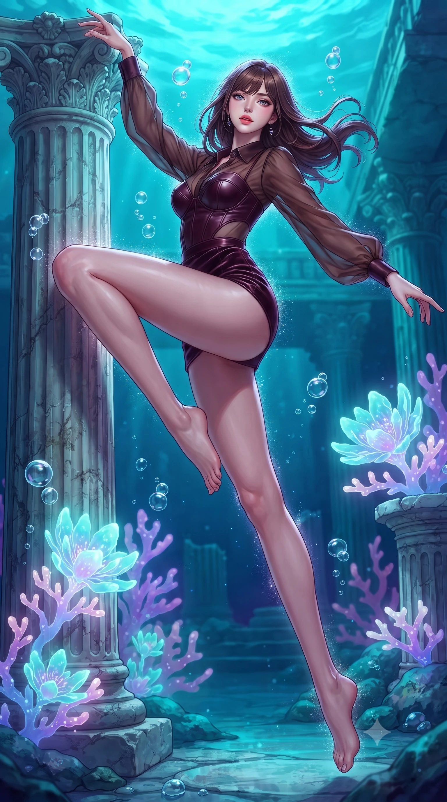 score_9, masterpiece, best quality, ultra-detailed, high-budget anime keyframe, editorial fashion photography, tasteful artistic composition, Korean woman. low angle full-body shot from head to toe showing her feet, filling the entire 9:16 vertical frame with her statuesque presence, stretching her vertical silhouette. leaping gracefully through the environment with statuesque elegance and long slender legs resting against an antique marble pillar as gentle sea bubbles rise around her, glowing coral blossoms emitting soft aqua and lavender light. She has an absolutely perfect, statuesque 8.5-heads proportion, an exceptionally tall and slender model-like female figure with impossibly long slender legs and an ultra-slim waist. sharp v-shaped jawline, high-bridge nose, intricate jewel-like eyes with depth, thick eyelashes, glossy lips with a natural sheen. wearing a tailored leather bustier over a sheer silk chiffon blouse in deep burgundy and bronze, made of premium stretch velvet with a rich sheen, featuring clean architectural cutouts along her slender torso, the elegant draped fit framing her graceful clavicle and slender torso. surrounded by a shimmering ocean aura with bright pearl-white rim lights. highly saturated vibrant anime colors, detailed shading with soft gradients, rich glossy textures, high-contrast stereoscopic depth, volumetric dynamic lighting, master piece, 9:16 ratio