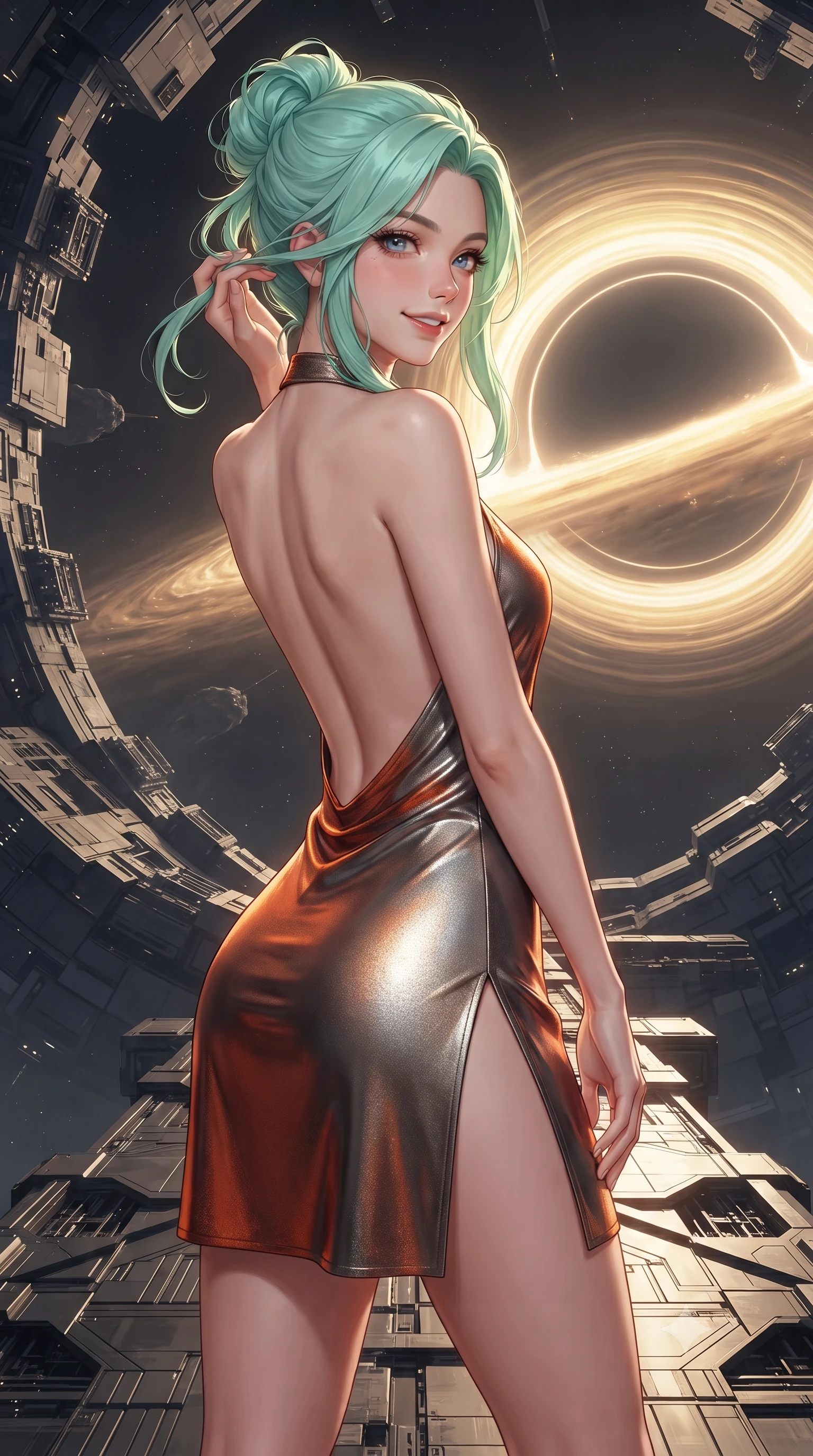 score_9, masterpiece, best quality, ultra-detailed, high-budget anime keyframe, editorial fashion photography, tasteful artistic composition, Japanese woman. close-up cowboy shot from the waist and thighs up, the character dominates the composition, filling the frame with her large presence. gently brushing a lock of hair behind her ear while casting a playful, flirtatious side-gaze with long eyelashes while standing poised on the magnetic suspension bridge inside the hollow asteroid, arching her back with siren allure as a captured micro-black hole pulses with golden synchrotron radiation rings. The surrounding environment is rendered in vivid detail and crisp panoramic clarity: detailed haute-couture texture, wet-look liquid fabric drape, and colossal deep-space physics architecture in razor-sharp precision. She has an exceptionally elegant, slender, and willowy female figure with an ultra-slim waist, flat toned midriff, narrow ribcage, and sculpted feminine hips creating an alluring, slim hourglass silhouette without bulk. sharp v-shaped jawline, high-bridge nose, intricate jewel-like sparkling eyes with depth, thick eyelashes, glossy parted lips with a natural peach sheen, bright cheerful beaming smile with an enchanting and coquettish sensual glint, exuding both youthful cute charm and seductive allure, flawlessly proportioned anatomical accuracy, strict slender model proportions, natural body alignment, perfectly sculpted long slender limbs, ultra-slim waistline, clean dynamic posture without body distortion. wearing an alluring backless metallic lamé combat halter mini dress with deep open back down to her lower spine and thigh-high slit in volcanic ember orange and brushed gunmetal, made of fluid liquid jersey with seamless sculpting hold and smooth contours, finished with sleek magnetic buckle closures fluttering in the breeze, the second-skin tailored fabric adhering flawlessly to her sculpted flat midriff and slender torso, emphasizing her long leg lines and perfectly proportioned willowy build. bathed in the blinding golden synchrotron radiation of the singularity contrasted with deep obsidian shadow gradients. ultra-reflective glossy finish, specular highlights, rich textural contrasts, high-contrast stereoscopic depth, volumetric dynamic lighting, 2k, ultra detail, master piece, 9:16 ratio