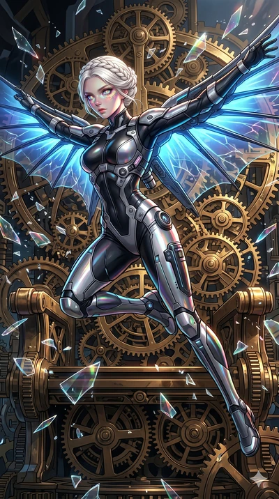 score_9, masterpiece, best quality, ultra-detailed, Set A: High-budget Anime Keyframe, Japanese woman. Low angle cowboy shot filling the entire 9:16 frame with her statuesque presence. Leaping through a throne of gears, while her eyes glow with 190 d