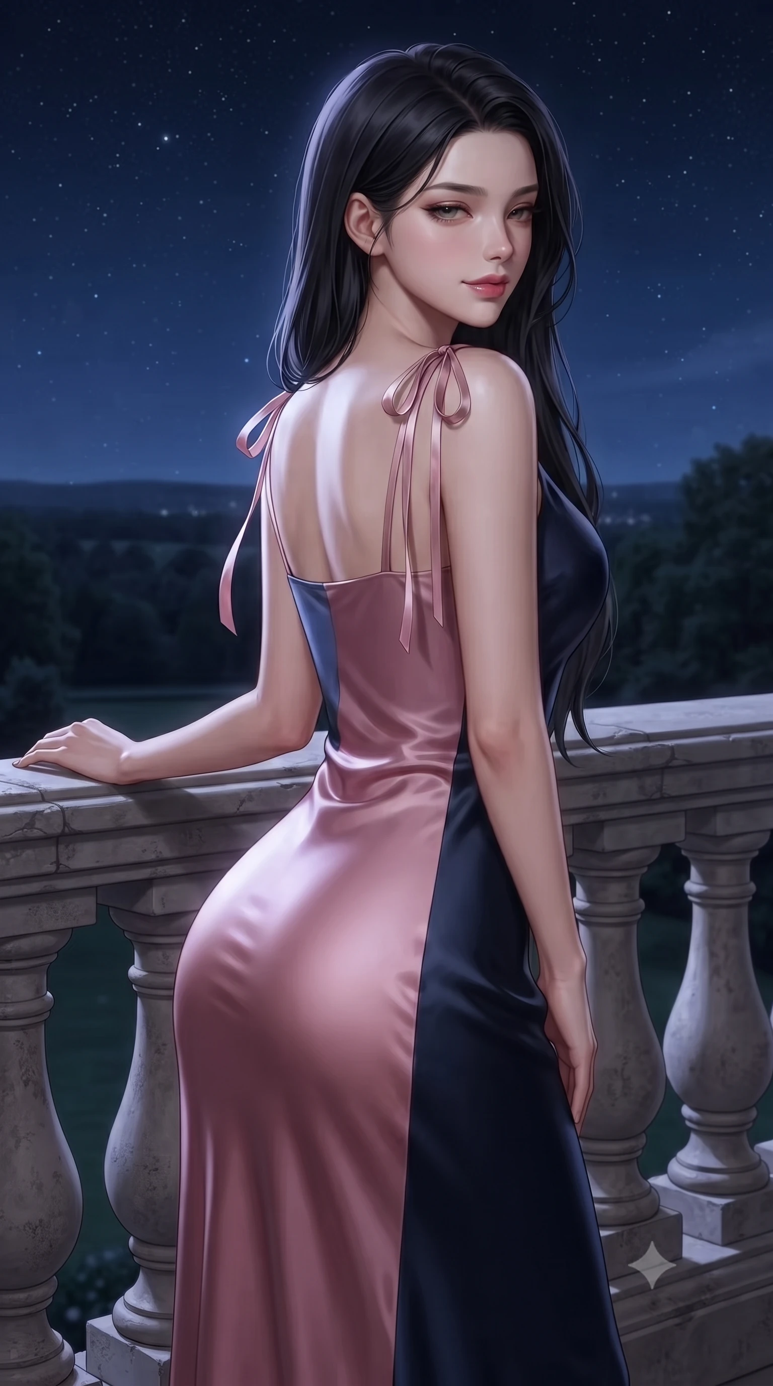 score_9, masterpiece, best quality, ultra-detailed, high-budget anime keyframe, editorial fashion photography, tasteful artistic composition, Korean woman. close-up cowboy shot from the waist and thighs up, the character dominates the composition, filling the frame with her large presence. posing in an alluring rear three-quarter angle, looking over a bare shoulder with parted glossy lips, her hips cocked back to highlight her slim hourglass curve while leaning against the carved stone balustrade with hips cocked back, looking out over the fragrant nocturnal plateau with heavy-lidded bedroom-eyes. The surrounding environment is rendered in vivid detail and crisp panoramic clarity: detailed garment drape, silhouette lines, and historic French stonecraft in razor-sharp precision. She has an exceptionally elegant, slender, and willowy female figure with an ultra-slim waist, flat toned midriff, narrow ribcage, and sculpted feminine hips creating an alluring, slim hourglass silhouette without bulk. sharp v-shaped jawline, high-bridge nose, intricate jewel-like sparkling eyes with depth, thick eyelashes, glossy parted lips with a natural peach sheen, bright cheerful beaming smile with an enchanting and coquettish sensual glint, exuding both youthful cute charm and seductive allure, flawlessly proportioned anatomical accuracy, strict slender model proportions, natural body alignment, perfectly sculpted long slender limbs, ultra-slim waistline, clean dynamic posture without body distortion. wearing a liquid satin slip dress tailored with bias-cut curves clinging smoothly over her hips in Brittany pink granite rose and deep Atlantic navy, crafted from bespoke double-faced cashmere with an exceptionally soft tactile finish, finished with satin ribbon ties at the shoulders fluttering in the gentle breeze, the liquid-tight tailored fabric clinging flawlessly to her narrow waist and rounded feminine hips, emphasizing every millimeter of her sculpted slim hourglass curves without any bulky heaviness. illuminated by terrace stone bounce and sharp silver-lavender rim lights sculpting her razor-sharp jawline, narrow waist, and curvy hips. ultra-reflective glossy finish, specular highlights, rich textural contrasts, high-contrast stereoscopic depth, volumetric dynamic lighting, 2k, ultra detail, master piece, 9:16 ratio