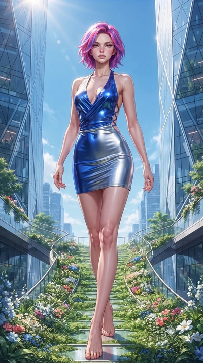 score_9, masterpiece, best quality, ultra-detailed, high-budget anime keyframe, editorial fashion photography, tasteful artistic composition, Caucasian woman. low angle full-body shot from head to toe showing her feet, filling the entire 9:16 vertica