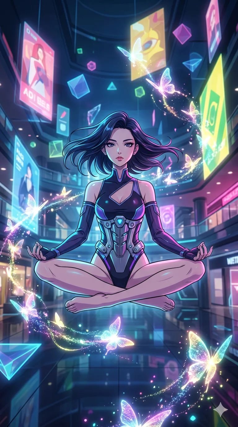 score_9, masterpiece, best quality, ultra-detailed, high-budget anime movie keyframe, cinematic anime lighting, intricate line art, Korean anime girl. Dynamic full-body shot stretching the vertical silhouette across the 9:16 frame. meditating peacefully in a holographic shopping mall surrounded by glowing butterflies. She has an absolutely perfect 8-heads proportion, an exceptionally tall and slender female figure with an ultra-slim waist and impossibly long slender legs. sharp v-shaped jawline, high-bridge nose, intricate jewel-like eyes, thick eyelashes, glossy lips. Wearing asymmetrical high-cut tech-bodysuit with detached glowing sleeves, chrome-plated mechanical corset, and bioluminescent mesh panels clinging to her slender figure. The scene is illuminated by dramatic atmospheric lighting and vibrant color palettes. 2k, ultra detail, master piece, 9:16 ratio