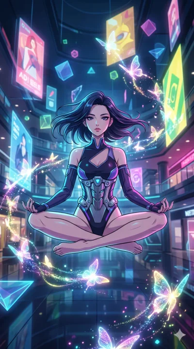score_9, masterpiece, best quality, ultra-detailed, high-budget anime movie keyframe, cinematic anime lighting, intricate line art, Korean anime girl. Dynamic full-body shot stretching the vertical silhouette across the 9:16 frame. meditating peacefu