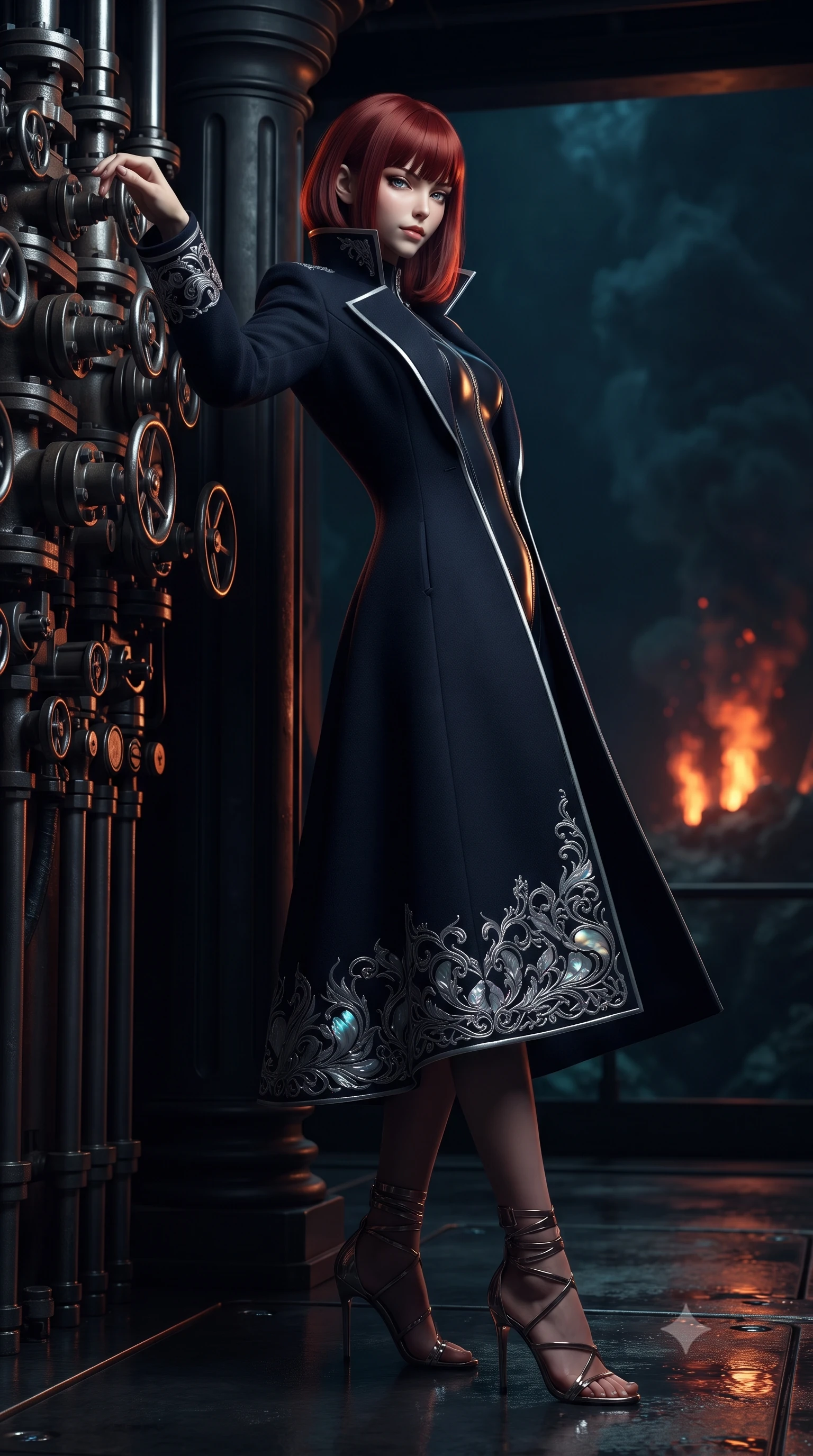score_9, masterpiece, best quality, ultra-detailed, high-budget anime keyframe, editorial fashion photography, tasteful artistic composition, Caucasian woman. low angle full-body shot from head to toe showing her feet, filling the entire 9:16 vertical frame with her statuesque presence, stretching her vertical silhouette. standing tall beside the architectural column, one hand resting high while arching her lower back to emphasize her sculpted feminine hips and slender waist while leaning against the hydraulic valve cluster with hips cocked back, looking into the pitch-black abyss illuminated by hydrothermal vent fires with smoldering bedroom-eyes. The surrounding environment is rendered in vivid detail and crisp panoramic clarity: detailed tactical wetsuit texture, liquid latex sheen, and military naval submarine craft in razor-sharp precision. She has an exceptionally tall and slender model-like 8.5-heads proportion, an ultra-slim waist, a flat toned midriff, narrow delicate ribcage, and beautifully sculpted feminine hips creating a graceful, slim hourglass silhouette without any bulky heaviness, with impossibly long slender legs. sharp v-shaped jawline, high-bridge nose, intricate jewel-like sparkling eyes with depth, thick eyelashes, glossy parted lips with a natural peach sheen, bright cheerful beaming smile with an enchanting and coquettish sensual glint, exuding both youthful cute charm and seductive allure, flawlessly proportioned anatomical accuracy, strict slender model proportions, natural body alignment, perfectly sculpted long slender limbs, ultra-slim waistline, clean dynamic posture without body distortion. wearing an aristocratic deep-space admiral longcoat with silver filigree embroidery along the hem and high structured collar in iridescent mother-of-pearl and liquid molten silver, crafted from bespoke double-faced cashmere with an exceptionally soft tactile finish, complemented by strappy stiletto sandals with metallic ankle wraps accentuating her slender calves, the impeccably tailored cut draping gracefully along her slender figure with aristocratic poise. illuminated by wet steel floor reflection bounce and sharp ruby-gold rim lights sculpting her razor-sharp jawline, narrow waist, and curvy hips. ultra-reflective glossy finish, specular highlights, rich textural contrasts, high-contrast stereoscopic depth, volumetric dynamic lighting, 2k, ultra detail, master piece, 9:16 ratio