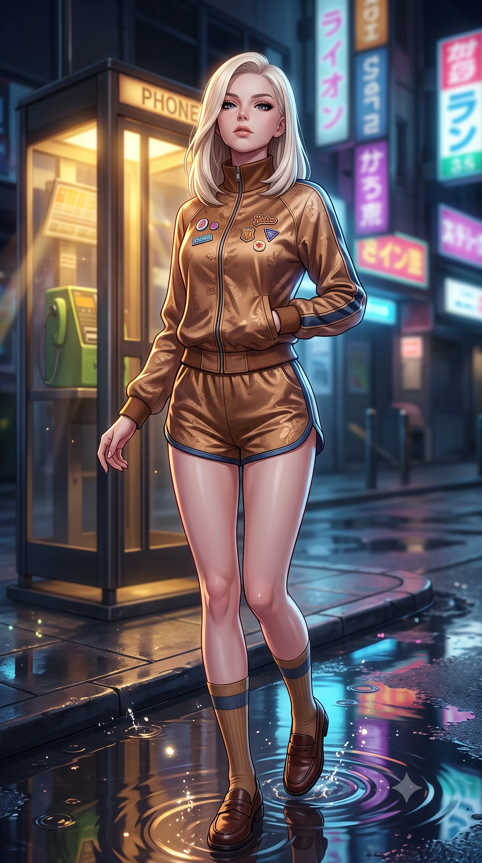 score_9, masterpiece, best quality, ultra-detailed, high-budget anime keyframe, semi-realistic 3D game render, editorial fashion photography, tasteful artistic composition, Caucasian woman. close-up cowboy shot from the waist and thighs up, the character dominates the composition, filling the frame with her large presence. tilting her chin up with proud, sovereign confidence while gazing directly into the lens with thick, dark eyelashes while twirling on the wet sidewalk corner as neon reflection puddles create mirror images of her slender silhouette. The composition keeps background elements in soft focus with creamy bokeh. refracted telephone booth light rays and splashing puddle ripples scattering shimmering light motes. She has an exceptionally elegant, slender, and willowy female figure with an ultra-slim waist, a gracefully sculpted slender torso, toned flat midriff, and a refined slim silhouette. sharp v-shaped jawline, high-bridge nose, intricate jewel-like eyes with depth, thick eyelashes, glossy lips with a natural sheen, captivating and magnetic expression, flawlessly proportioned anatomical accuracy, strict slender model proportions, natural body alignment, perfectly sculpted long slender limbs, ultra-slim waistline, clean dynamic posture without body distortion. wearing a sporty 80s retro track jacket paired with high-waisted dolphin running shorts and tube socks in vintage camel brown and washed indigo denim, crafted from liquid-smooth silk satin with subtle floral jacquard, finished with retro enamel varsity pins and classic leather loafers, the sleek tailored cut tightly hugging her graceful clavicle, narrow waist, and feminine curves with statuesque precision. bathed in cozy yellow interior phone booth lamp light contrasting with cool neon street reflections outside. highly saturated vibrant anime colors, detailed shading with soft gradients, rich glossy textures, high-contrast stereoscopic depth, volumetric dynamic lighting, master piece, 9:16 ratio
