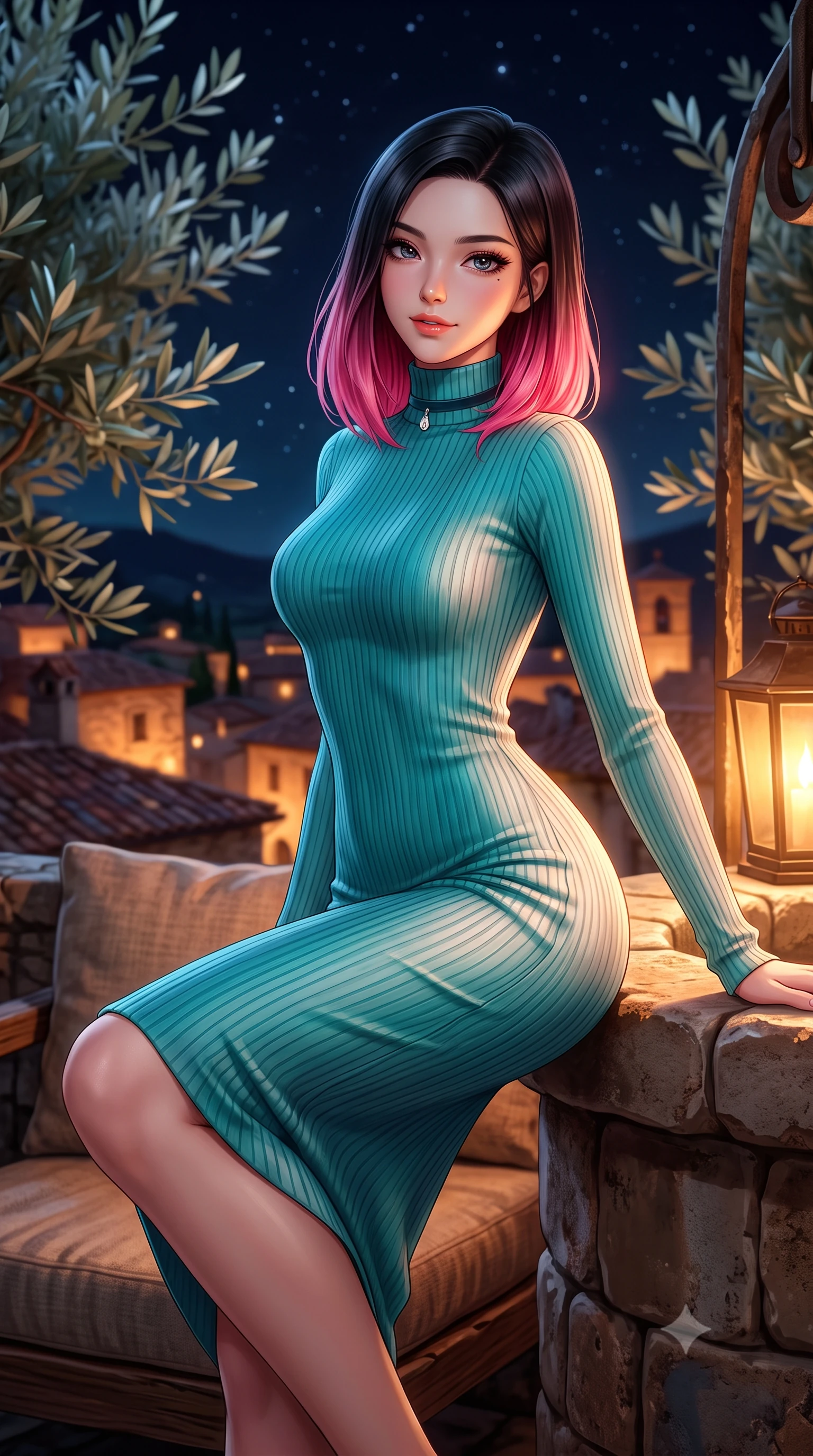 score_9, masterpiece, best quality, ultra-detailed, high-budget anime keyframe, semi-realistic 3D game render, editorial fashion photography, tasteful artistic composition, Korean woman. close-up cowboy shot from the waist and thighs up, the character dominates the composition, filling the frame with her large presence. perched sideways on the lounge seat, one knee drawn up to showcase her slender leg line while her arched back accentuates her feminine hip curve while leaning against the rustic stone wellhead with hips cocked back, looking over illuminated medieval village rooftops with smoldering bedroom-eyes. The background shows a soft-focus silver-green olive leaves softened in timeless artists' sanctuary shallow focus. She has an exceptionally elegant, slender, and willowy female figure with an ultra-slim waist, flat toned midriff, narrow ribcage, and sculpted feminine hips creating an alluring, slim hourglass silhouette without bulk. sharp v-shaped jawline, high-bridge nose, intricate jewel-like sparkling eyes with depth, thick eyelashes, glossy parted lips with a natural peach sheen, bright cheerful beaming smile with an enchanting and coquettish sensual glint, exuding both youthful cute charm and seductive allure, flawlessly proportioned anatomical accuracy, strict slender model proportions, natural body alignment, perfectly sculpted long slender limbs, ultra-slim waistline, clean dynamic posture without body distortion. wearing a form-fitting ribbed knit midi dress with high turtleneck hugging every contour of her hourglass frame in Sentosa tropical coral reef teal and pure iridescent pearl, crafted from fluid liquid silk satin that clings smoothly to her narrow waist and rounded hips with a dewy sheen, finished with a thin velvet ribbon choker and a single teardrop diamond pendant, the liquid-tight tailored fabric clinging flawlessly to her narrow waist and rounded feminine hips, emphasizing every millimeter of her sculpted slim hourglass curves without any bulky heaviness. bathed in the romantic amber 2200K gas lantern glow contrasted with deep midnight sky and starlight. highly saturated vibrant anime colors, detailed shading with soft gradients, rich glossy textures, high-contrast stereoscopic depth, volumetric dynamic lighting, master piece, 9:16 ratio