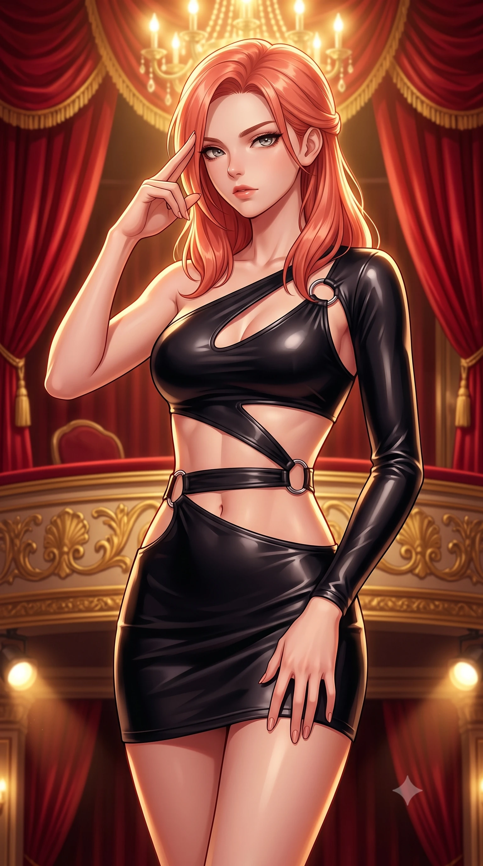 score_9, masterpiece, best quality, ultra-detailed, high-budget anime keyframe, editorial fashion photography, tasteful artistic composition, Japanese woman woman. close-up cowboy shot from the waist and thighs up, the character dominates the composition, filling the frame with her large presence, background elements kept in soft focus. She has an exceptionally elegant, slender, and willowy female figure with an ultra-slim waist, a gracefully sculpted slender torso, and a refined silhouette. pressing two fingers to her temple in a composed gesture, gazing past the camera with sharp focus, flawlessly proportioned anatomical accuracy, natural body alignment, perfectly sculpted elegant limbs, clean dynamic posture without body distortion. set against a soft-focus background of a VIP theater box suite draped in red silk velvet and gold trim. wearing an asymmetric cut-out mini dress in matte black latex with silver ring accents. bathed in warm golden chandelier light from the grand theater stage below. highly saturated vibrant anime colors, detailed shading with soft gradients, rich glossy textures, high-contrast stereoscopic depth, volumetric dynamic lighting, master piece, 9:16 ratio