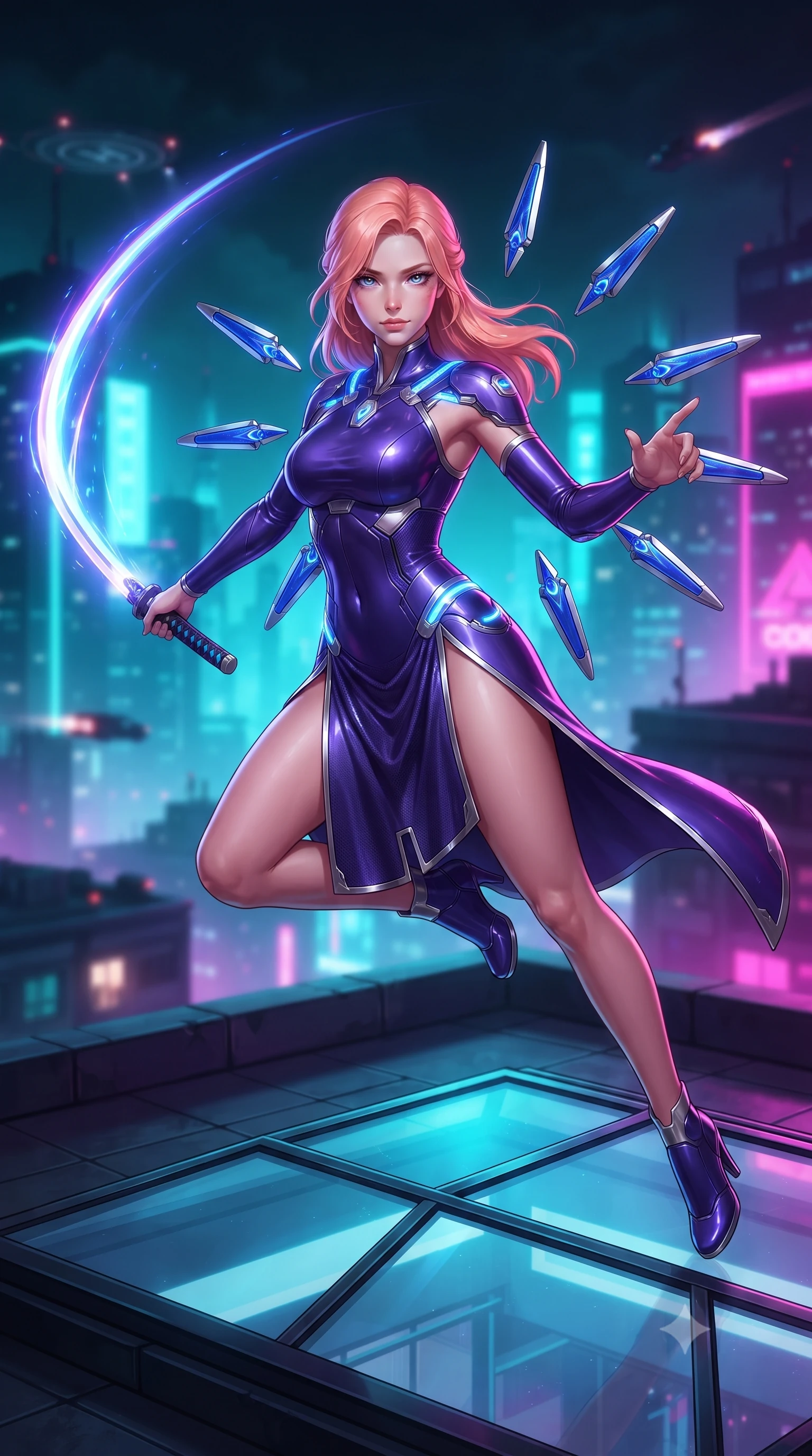 score_9, masterpiece, best quality, ultra-detailed, high-budget anime keyframe, editorial fashion photography, tasteful artistic composition, Japanese woman. close-up cowboy shot from the waist and thighs up, the character dominates the composition, filling the frame with her large presence. gazing forward with divine sovereign poise, captivating jewel-like eyes shining with transcendent focus while holding her weapon with effortless mastery while leaping gracefully across a rooftop glass skylight with plasma katana extended, creating a brilliant arc of electric light. The composition keeps background elements in soft focus with creamy bokeh. helipad landing lights and flying vehicle exhaust trails softened in moody shallow focus. She has an exceptionally elegant, slender, and willowy female figure with an ultra-slim waist, a gracefully sculpted slender torso, toned flat midriff, and a refined slim silhouette. sharp v-shaped jawline, high-bridge nose, intricate jewel-like eyes with depth, thick eyelashes, glossy lips with a natural sheen, flawlessly proportioned anatomical accuracy, strict slender model proportions, natural body alignment, perfectly sculpted long slender limbs, ultra-slim waistline, clean dynamic posture without body distortion. wearing a precision-fitted royal purple carbon-fiber battle-dress with high-slit tactical skirt and silver accents, directing eight floating nano-crystal funnel blades with sovereign gestures in electric cobalt blue carbon with polished platinum trim, formed from high-gloss patent carbon-plating with specular chiaroscuro reflections, accented with glowing fiber-optic conduits tracing her collarbones and hip curves, the glove-like aerodynamic second-skin fit tightly clinging to her ultra-slender waist and athletic curves without adding bulk, accentuating her razor-sharp statuesque lines and slim hourglass silhouette. bathed in vivid high-contrast neon cyan and magenta city backlighting with electric blade glow. ultra-reflective glossy finish, specular highlights, dark metallic sheen, high-contrast stereoscopic depth, volumetric dynamic lighting, 2k, ultra detail, master piece, 9:16 ratio