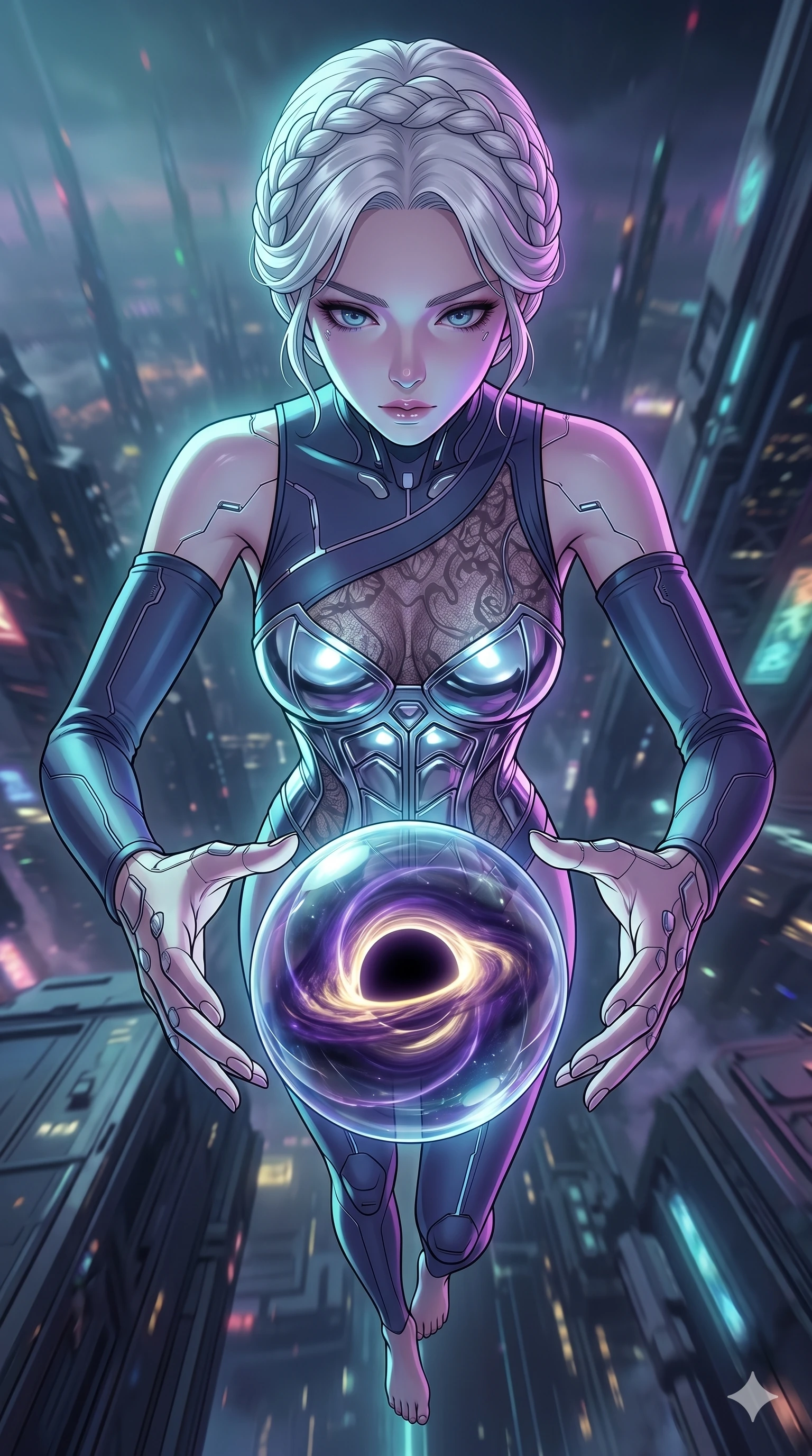 score_9, masterpiece, best quality, ultra-detailed, high-budget anime movie keyframe, cinematic anime lighting, intricate line art, Korean woman. Extreme high angle shot as she leaps towards the camera, filling the frame. staring into a singularity held within a glass sphere. She has an absolutely perfect 8-heads proportion, an exceptionally tall and slender female figure with graceful and slender proportions. strictly human anatomy, two legs only, no extra limbs, clearly defined legs and arms, perfect anatomy, perfect hands and fingers. sharp v-shaped jawline, high-bridge nose, intricate jewel-like eyes, thick eyelashes, glossy lips. Wearing Cyber-Tech Legacy: Asymmetrical sleek tech-bodysuit with detached sleeves and chrome-plated corset over sheer lace. The scene is illuminated by dramatic atmospheric lighting and vibrant color palettes. , 2k, ultra detail, master piece, 9:16 ratio
