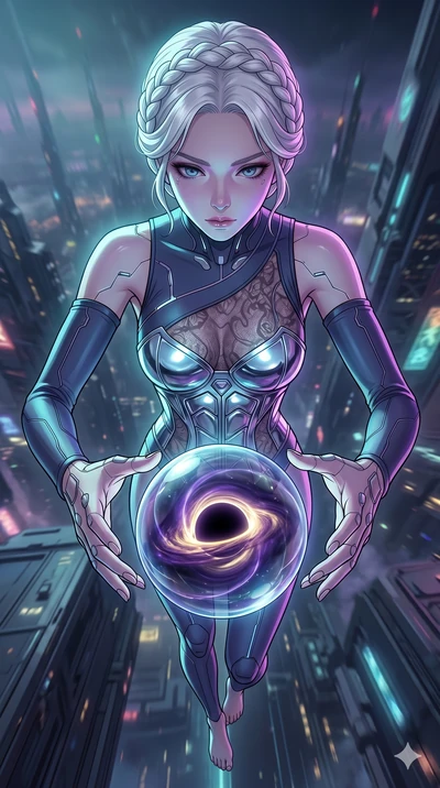 score_9, masterpiece, best quality, ultra-detailed, high-budget anime movie keyframe, cinematic anime lighting, intricate line art, Korean woman. Extreme high angle shot as she leaps towards the camera, filling the frame. staring into a singularity h