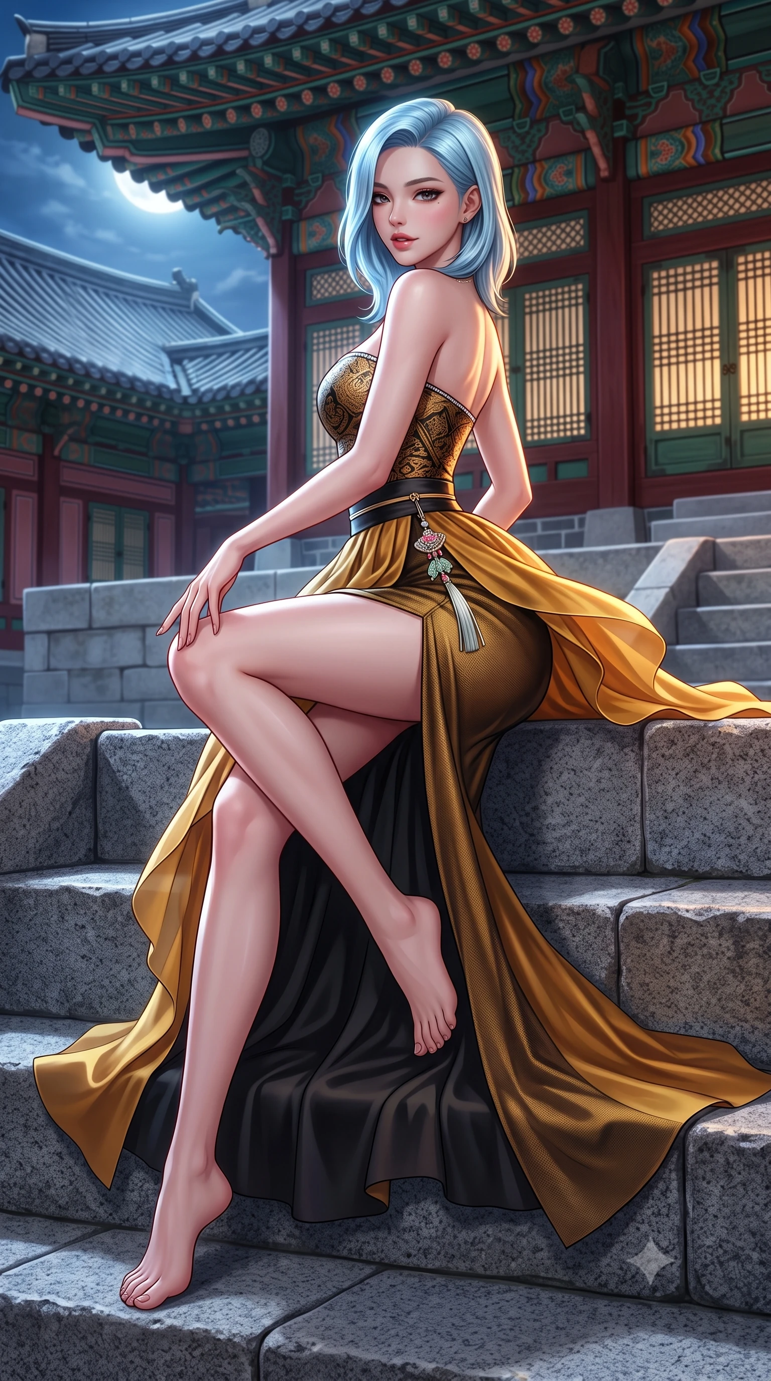 score_9, masterpiece, best quality, ultra-detailed, high-budget anime keyframe, semi-realistic 3D game render, editorial fashion photography, tasteful artistic composition, Korean woman. low angle full-body shot from head to toe showing her feet, filling the entire 9:16 vertical frame with her statuesque presence, stretching her vertical silhouette. executing a graceful dancer pivot turn as her layered silk chima skirt flutters around her slender legs, glancing over her shoulder with an intoxicating bedroom-gaze while sitting poised on the stone steps of the island pavilion with legs crossed, her modern fusion hanbok trailing gracefully across ancient granite. The surrounding environment is rendered in vivid detail and crisp panoramic clarity: detailed sheer jeogori silk weave, delicate norigae jewelry sparkle, and Joseon royal palace architecture in razor-sharp precision. She has an absolutely perfect, statuesque 8.5-heads proportion, an exceptionally tall and slender model-like female figure with impossibly long slender legs, an ultra-slim waist, a flat toned midriff, narrow delicate ribcage, and beautifully sculpted feminine hips creating a graceful, slim hourglass silhouette without any bulky heaviness. sharp v-shaped jawline, high-bridge nose, intricate jewel-like dark sparkling almond eyes with depth, thick lashes, glossy parted lips with a natural rose-plum sheen, bright alluring and coquettish smile with bedroom-eyes, exuding both timeless oriental elegance and sovereign high-fashion allure, flawlessly proportioned anatomical accuracy, strict slender model proportions, natural body alignment, perfectly sculpted long slender limbs, ultra-slim waistline, clean dynamic posture without body distortion. wearing a sweetheart-neckline oriental jacquard bustier top paired with a curve-hugging high-slit mermaid maxi skirt in antique saffron gold and ebony black, made of sheer technical micro-mesh with contouring shadow effects, finished with subtle crystal rhinestones tracing the elegant neckline, the form-fitting tailored bodice adhering flawlessly to her sculpted flat midriff and slender torso, emphasizing her long leg lines and perfectly proportioned willowy build. illuminated by full moon celestial rays and sharp warm-gold rim lights defining her sculpted collarbones, ultra-slim waist, and curvy hips. highly saturated vibrant anime colors, detailed shading with soft gradients, rich glossy textures, high-contrast stereoscopic depth, volumetric dynamic lighting, master piece, 9:16 ratio