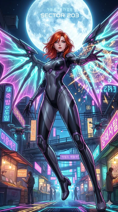 score_9, masterpiece, best quality, ultra-detailed, Set A: High-budget Anime Keyframe, Korean woman. Low angle cowboy shot filling the entire 9:16 frame with her statuesque presence. Casting a spell through a neon-lit Neo-Seoul market, with a massive