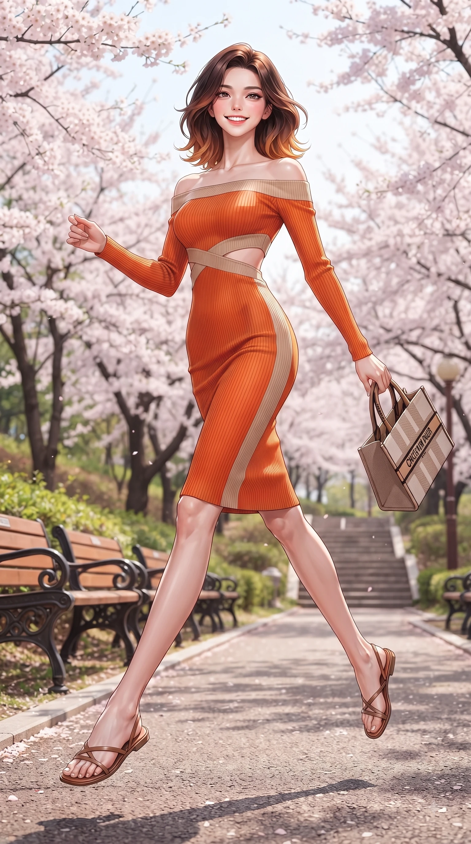 score_9, masterpiece, best quality, ultra-detailed, high-budget anime keyframe, editorial fashion photography, tasteful artistic composition, Korean woman. low angle full-body shot from head to toe showing her feet, filling the entire 9:16 vertical frame with her statuesque presence, stretching her vertical silhouette. leaping with pure youthful energy through the scene with a radiant bright smile, her long slender legs balanced gracefully while stepping along a paved park trail carrying a tote bag with fresh youthful charm. The surrounding environment is rendered in vivid detail and crisp panoramic clarity. delicate cherry blossom petal clusters, wooden park benches, and historic hill paths in sharp resolution. She has an absolutely perfect, statuesque 8.5-heads proportion, an exceptionally tall and slender model-like female figure with impossibly long slender legs and an ultra-slim waist. sharp v-shaped jawline, high-bridge nose, intricate jewel-like eyes with depth, thick eyelashes, glossy lips with a natural sheen, flawlessly proportioned anatomical accuracy, natural body alignment, perfectly sculpted elegant limbs, clean dynamic posture without body distortion. wearing a sleek off-shoulder ribbed knit dress accentuating her graceful collarbones and slender waist in bright burnt orange and warm beige, made of premium stretch jersey that follows her curves like a glove, complemented by clean architectural cutouts along her slender torso, the tailored fabric tightly following every curve of her athletic build. surrounded by a fresh, sweet, and nostalgic spring park atmosphere. ultra-reflective glossy finish, specular highlights, metallic sheen, high-contrast stereoscopic depth, volumetric dynamic lighting, 2k, ultra detail, master piece, 9:16 ratio