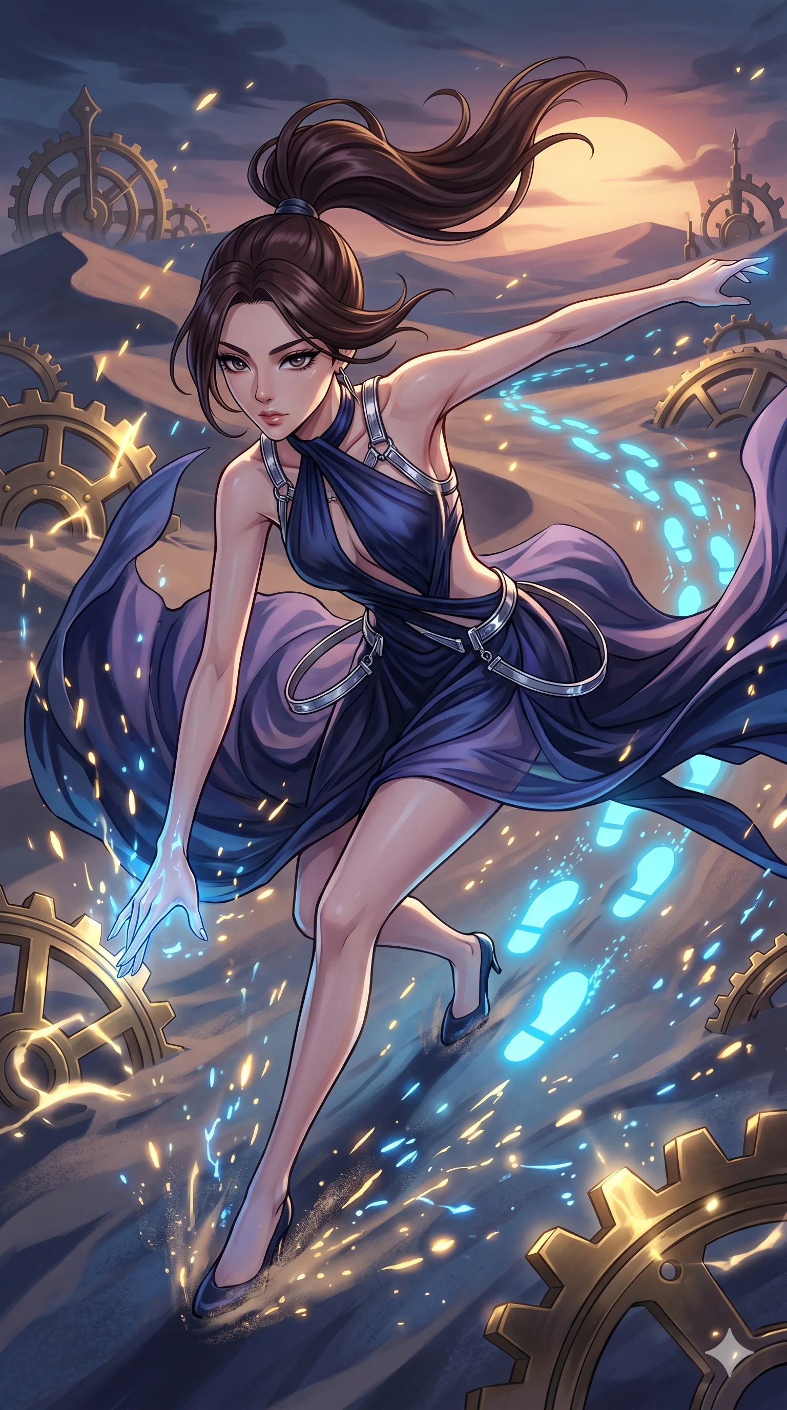 score_9, masterpiece, best quality, ultra-detailed, Set A: High-budget Anime Keyframe, Korean woman. Upper body close-up from the thighs up, character filling the screen for maximum presence. Sliding through a clockwork desert, as she leaves a trail of 248 glowing footprints and surrounded by glowing energy sparks. She has an absolutely perfect 8-heads proportion, an exceptionally tall and slender female figure with impossibly long slender legs and an ultra-slim waist. Sharp v-shaped jawline, high-bridge nose, intricate jewel-like eyes with depth, thick eyelashes, glossy lips with a natural sheen. Wearing Avant-garde paper-thin silk dress that floats like smoke, with metallic straps. Cinematic lighting, vibrant colors, dramatic shadows, 2k, ultra detail, master piece, 9:16 ratio