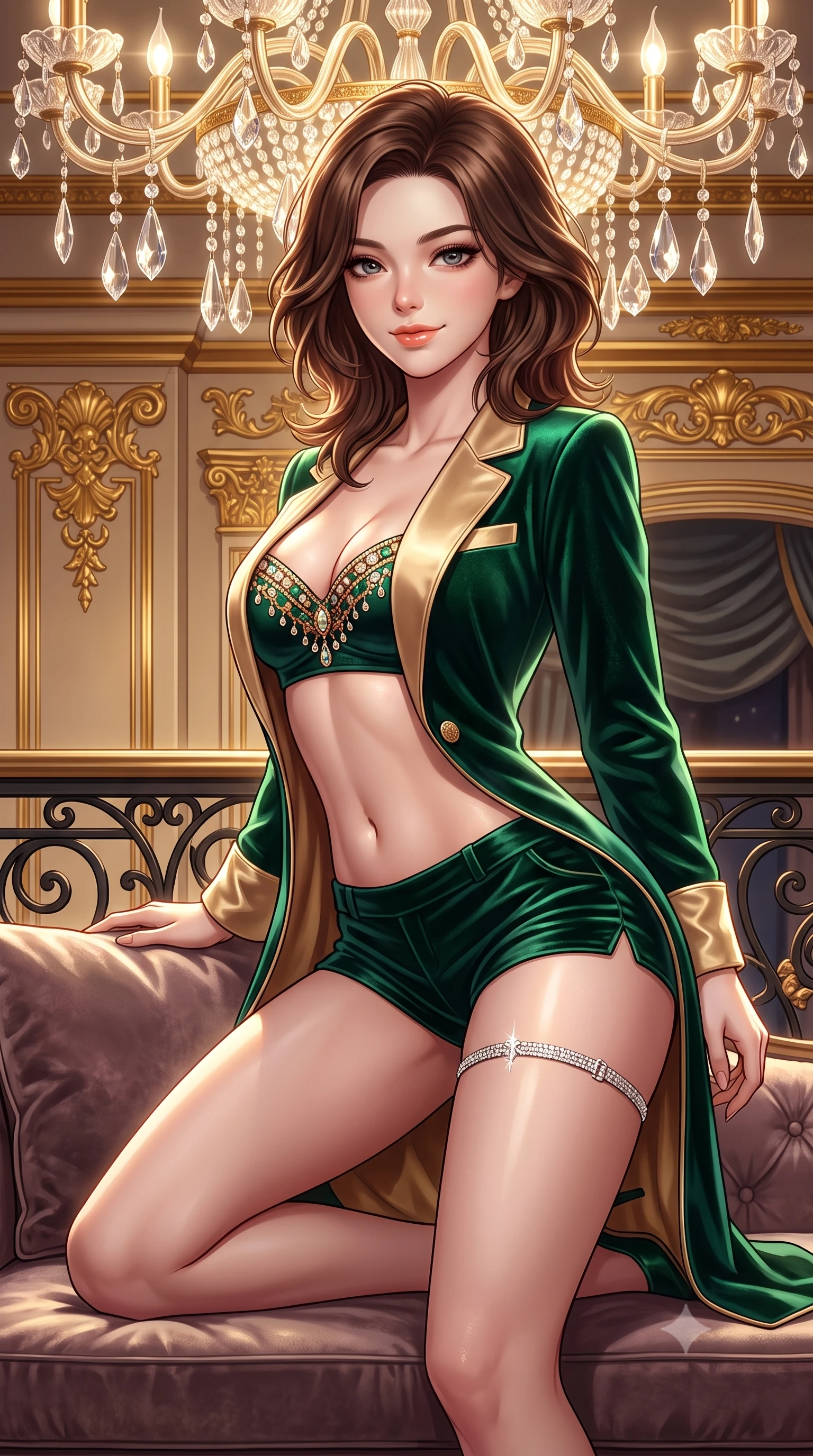 score_9, masterpiece, best quality, ultra-detailed, high-budget anime keyframe, semi-realistic 3D game render, editorial fashion photography, tasteful artistic composition, Korean woman. close-up cowboy shot from the waist and thighs up, the character dominates the composition, filling the frame with her large presence. perched sideways on the lounge seat, one knee drawn up to showcase her slender leg line while her arched back accentuates her feminine hip curve while twisting her slender torso in an alluring S-curve, dazzling multi-tiered chandelier lights tracing her flat midriff, narrow waist, and curvy hips. The surrounding environment is rendered in vivid detail and crisp panoramic clarity: sharp 24-karat gold leaf carvings on moldings, faceted crystal chandelier drops, and wrought-iron scrollwork in deep focus. She has an exceptionally elegant, slender, and willowy female figure with an ultra-slim waist, flat toned midriff, narrow ribcage, and sculpted feminine hips creating an alluring, slim hourglass silhouette without bulk. sharp v-shaped jawline, high-bridge nose, sparkling eyes with hypnotic seductive depth, thick curled eyelashes, glossy parted lips with a natural dewy peach sheen, alluring bedroom-eyes with an enchanting coquettish smile, exuding magnetic siren charisma and sophisticated glamour, flawlessly proportioned anatomical accuracy, strict slender model proportions, natural body alignment, perfectly sculpted long slender limbs, ultra-slim waistline, clean dynamic posture without body distortion. wearing a tailored open-front satin smoking jacket worn over a jewel-embellished bandeau and micro-shorts in Monaco casino emerald and royal champagne, tailored from ultra-plush velvet with rich tactile depth and deep shadow gradients, finished with delicate crystal-encrusted thigh garter straps glinting in the dim light, the second-skin tailored fabric adhering flawlessly to her sculpted flat midriff and slender torso, emphasizing her long leg lines and perfectly proportioned willowy build. illuminated by gilded surface bounce and sharp platinum-gold rim lights sculpting her jawline, flat midriff, and voluptuous hip curves. highly saturated vibrant anime colors, detailed shading with soft gradients, rich glossy textures, high-contrast stereoscopic depth, volumetric dynamic lighting, master piece, 9:16 ratio