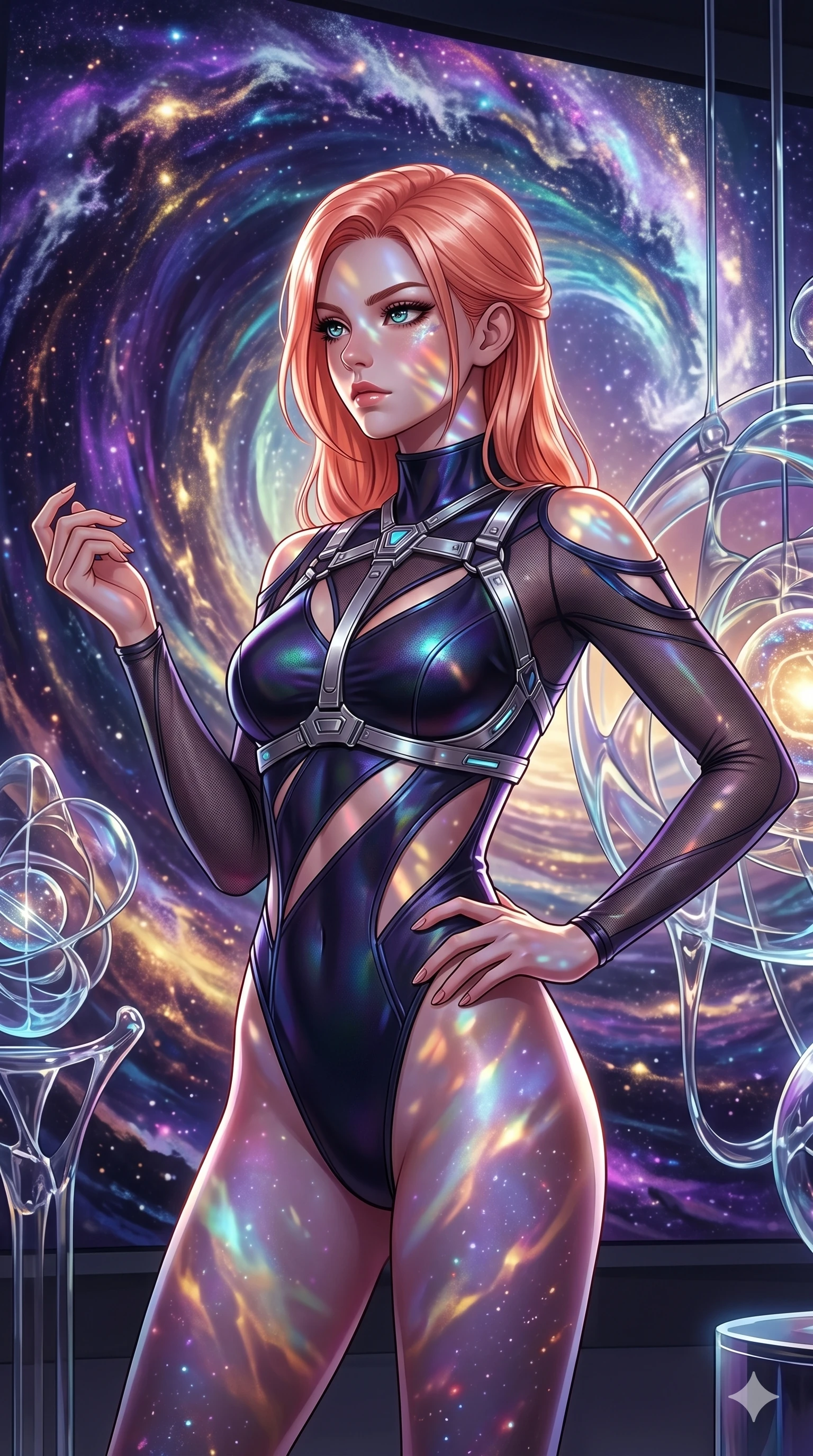 score_9, masterpiece, best quality, ultra-detailed, high-budget anime keyframe, editorial fashion photography, tasteful artistic composition, Japanese woman. Upper body close-up from the thighs up, character filling the screen for maximum presence. She is standing in front of a giant digital painting of a cosmic wave, with abstract glass sculptures around. She poses elegantly, glancing sideways with a piercing gaze. She has an absolutely perfect 8-heads proportion, an exceptionally tall and slender female figure with impossibly long slender legs and an ultra-slim waist. V-shaped jawline, high-bridge nose, intricate jewel-like eyes with depth, thick eyelashes, glossy lips with a natural sheen. She is wearing an ultra-sleek high-cut tech-bodysuit featuring dangerous diagonal slitted cutouts on the midriff and shoulders, reinforced by a metallic silver harness and sheer mesh sleeves. The scene is bathed in vibrant projections from the digital painting and a sharp white side key light. 2k, ultra detail, master piece, 9:16 ratio