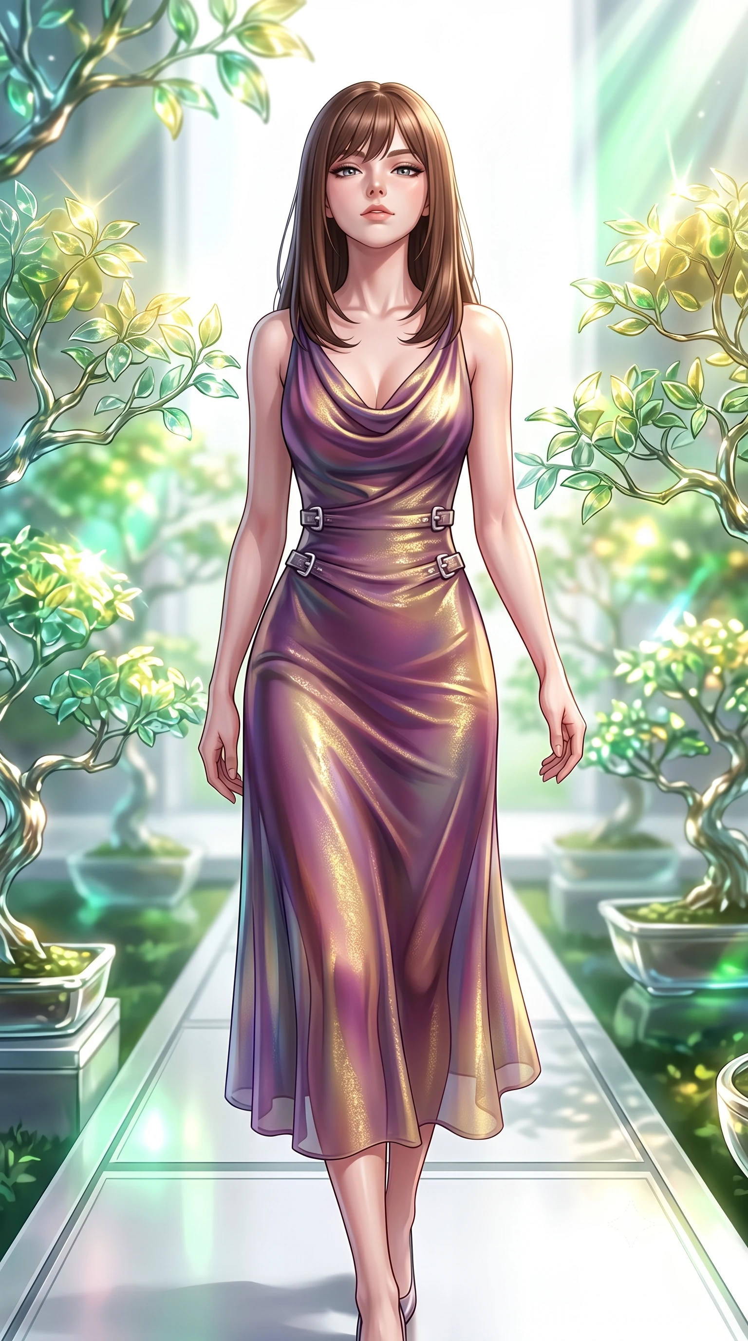 score_9, masterpiece, best quality, ultra-detailed, high-budget anime keyframe, editorial fashion photography, tasteful artistic composition, Korean woman. close-up cowboy shot from the waist and thighs up, the character dominates the composition, filling the frame with her large presence, background elements kept in soft focus. Tilting her chin up with an air of effortless superiority while balancing dynamically amidst the scene while walking along a platinum walkway in a quantum garden filled with glowing glass bonsai trees, translucent glass bonsai leaves reflecting vibrant emerald and gold sunbursts. She has an exceptionally elegant, slender, and willowy female figure with an ultra-slim waist, a gracefully sculpted slender torso, and a refined silhouette. sharp v-shaped jawline, high-bridge nose, intricate jewel-like eyes with depth, thick eyelashes, glossy lips with a natural sheen, flawlessly proportioned anatomical accuracy, natural body alignment, perfectly sculpted elegant limbs, clean dynamic posture without body distortion. wearing an elegant cowl-neck satin midi dress with a graceful draped neckline in plum purple and gold filigree, crafted from iridescent chiffon that shifts colors in the light, detailed with polished silver buckles along the waistline, the elegant draped fit framing her graceful clavicle and slender torso. surrounded by a bright, airy ambiance with radiant white and green highlights. highly saturated vibrant anime colors, detailed shading with soft gradients, rich glossy textures, high-contrast stereoscopic depth, volumetric dynamic lighting, master piece, 9:16 ratio