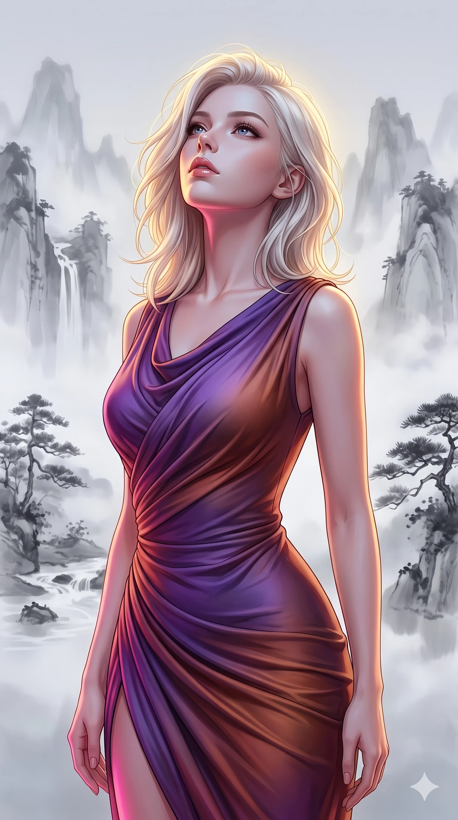 score_9, masterpiece, best quality, ultra-detailed, high-budget anime keyframe, editorial fashion photography, tasteful artistic composition, Caucasian woman, strictly human ears. close-up cowboy shot from the waist and thighs up, the character dominates the composition, filling the frame with her large presence, background elements kept in soft focus. Tilting her chin up slightly with lips parted in a composed expression. set against a soft-focus background of suspended inside a three-dimensional Chinese ink wash painting where misty monochrome mountains streams and pine trees float in mid-air rendered in translucent gradations of black ink. She has an exceptionally elegant and slender, willowy female figure with an ultra-slim waist, a gracefully sculpted slender torso, and a refined slim physique. sharp v-shaped jawline, high-bridge nose, intricate jewel-like eyes with depth, thick eyelashes, glossy lips with a natural sheen. wearing a draped jersey dress in a shifting violet and copper gradient, the fluid fabric clinging to her slender hips and waist with every motion. dramatic contrast of hot pink furnace glow from below and cool golden light from above. 2k, ultra detail, master piece, 9:16 ratio