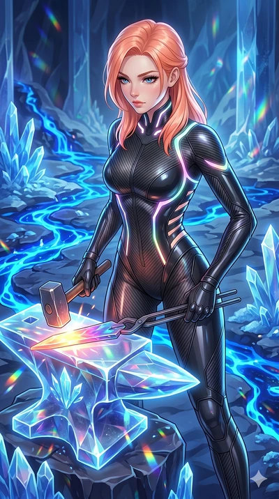 score_9, masterpiece, best quality, ultra-detailed, high-budget anime keyframe, Japanese woman. upper body close-up from the thighs up, character filling the screen for maximum presence. forging in a prismatic ice-volcano temple where glowing cobalt-