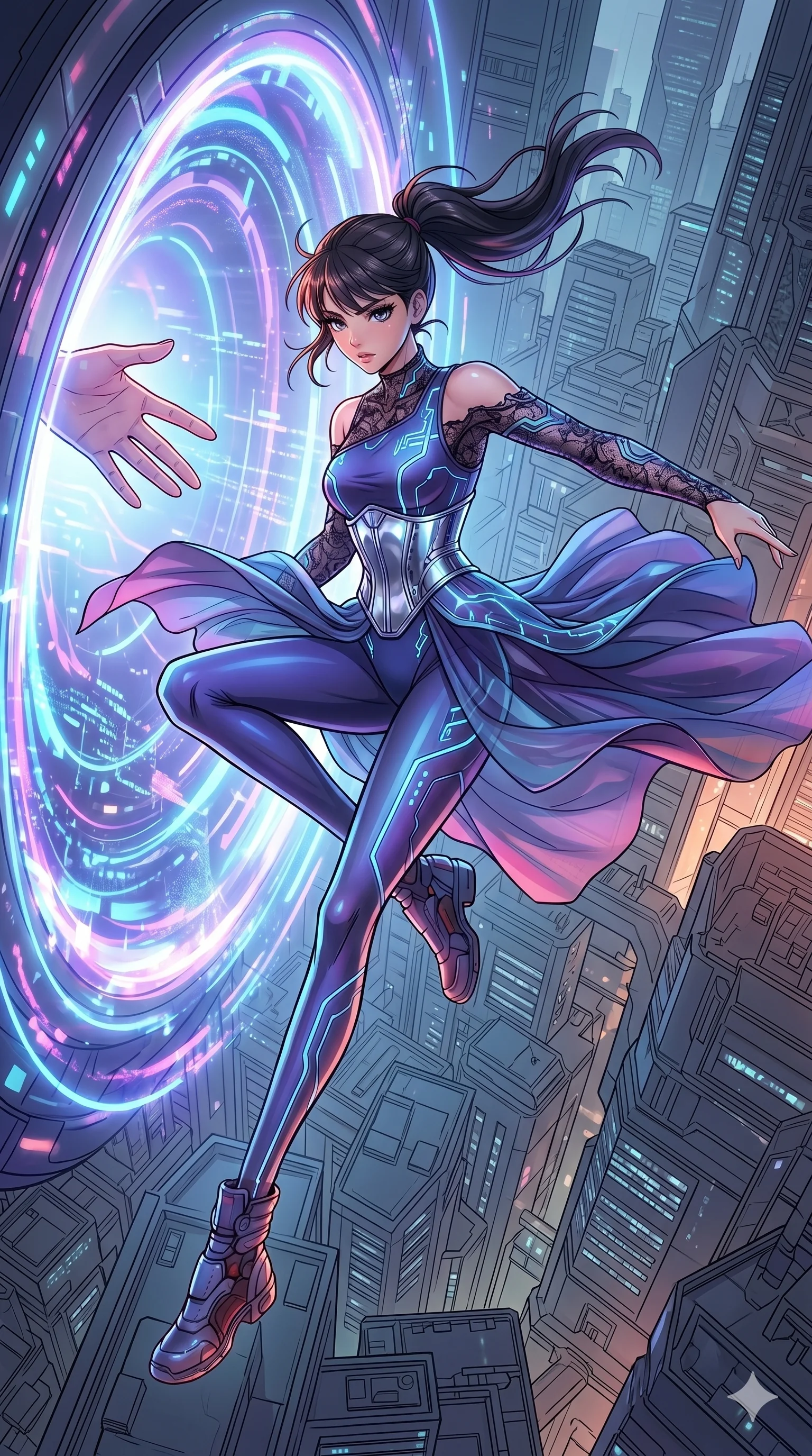 score_9, masterpiece, best quality, ultra-detailed, high-budget anime movie keyframe, cinematic anime lighting, intricate line art, Caucasian (strictly human ears) woman. Extreme high angle shot as she leaps towards the camera, filling the frame. reaching for a hand that is reaching back from a portal of light. She has an absolutely perfect 8-heads proportion, an exceptionally tall and slender female figure with graceful and slender proportions. strictly human anatomy, two legs only, no extra limbs, clearly defined legs and arms, perfect anatomy, perfect hands and fingers. sharp v-shaped jawline, high-bridge nose, intricate jewel-like eyes, thick eyelashes, glossy lips. Wearing Cyber-Tech Legacy: Asymmetrical sleek tech-bodysuit with detached sleeves and chrome-plated corset over sheer lace. The scene is illuminated by dramatic atmospheric lighting and vibrant color palettes. , 2k, ultra detail, master piece, 9:16 ratio