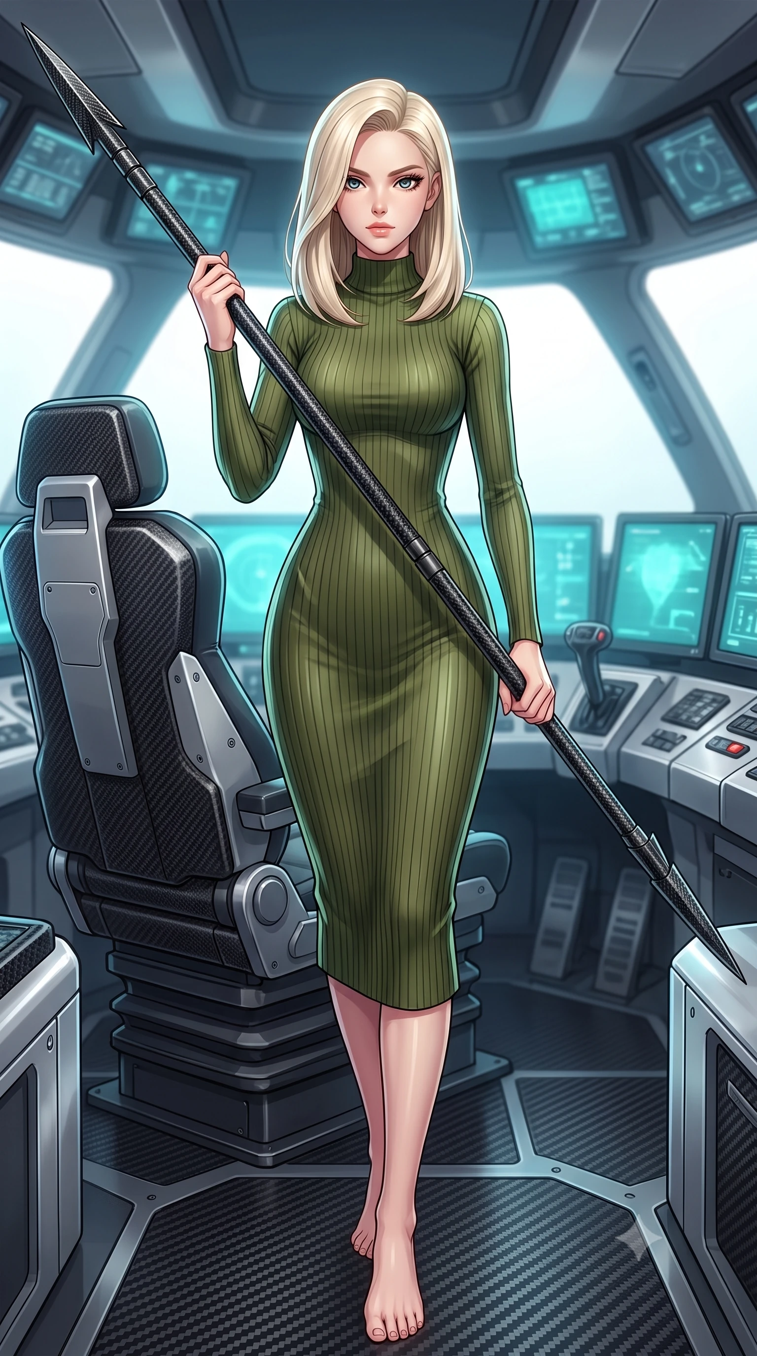 score_9, masterpiece, best quality, ultra-detailed, high-budget anime keyframe, editorial fashion photography, tasteful artistic composition, Caucasian woman. low angle full-body shot from head to toe showing her feet, filling the entire 9:16 vertical frame with her statuesque presence, stretching her vertical silhouette. standing in a dynamic combat stance with a carbon-fiber spear held diagonally, stretching her statuesque body, the background shows a soft-focus a sub-marine pilot seat with carbon-fiber controls and silver dashboards. She has an absolutely perfect, statuesque 8.5-heads proportion, an exceptionally tall and slender model-like female figure with impossibly long slender legs and an ultra-slim waist. sharp v-shaped jawline, high-bridge nose, intricate jewel-like eyes with depth, thick eyelashes, glossy lips with a natural sheen. wearing a form-contouring body-hugging ribbed carbon-fiber knit bodycon midi dress in olive green, featuring a snug mock-neck. soft aqua telemetry starlight radiating from monitors onto her sharp jawline. highly saturated vibrant anime colors, detailed shading with soft gradients, rich glossy textures, high-contrast stereoscopic depth, volumetric dynamic lighting, master piece, 9:16 ratio