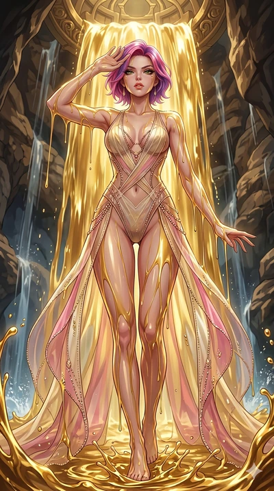 score_9, masterpiece, best quality, ultra-detailed, High-budget Anime Keyframe, East Asian woman. Low angle cowboy shot filling the entire 9:16 frame with her statuesque presence. Scenario 89: Standing under a waterfall of liquid gold, the fluid coat