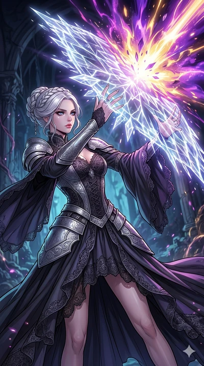 score_9, masterpiece, best quality, ultra-detailed, high-budget anime movie keyframe, cinematic anime lighting, intricate line art, Korean woman. Low angle cowboy shot capturing a powerful motion and statuesque presence. weaving a shield of crystalli