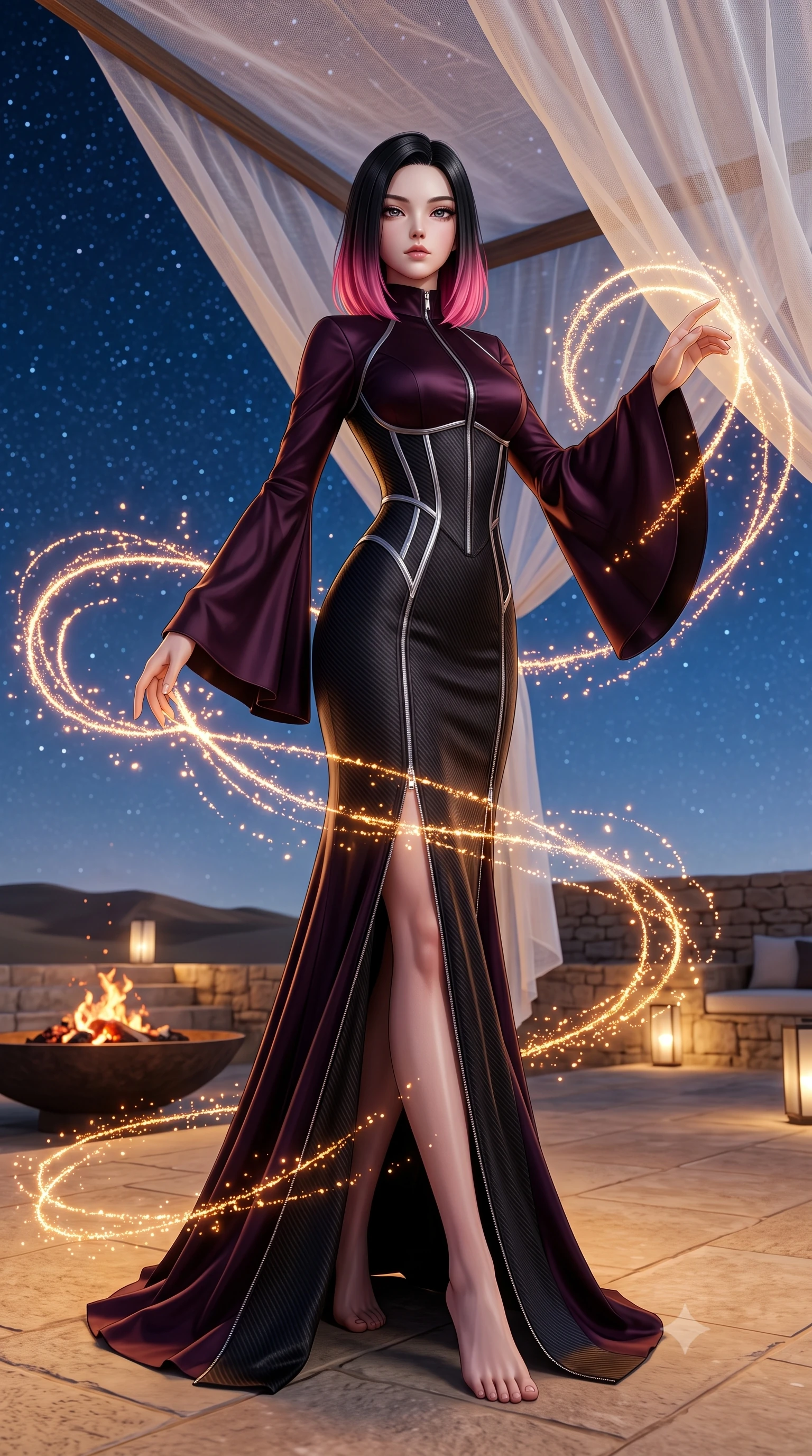 score_9, masterpiece, best quality, ultra-detailed, high-budget anime keyframe, editorial fashion photography, tasteful artistic composition, Korean woman. low angle full-body shot from head to toe showing her feet, filling the entire 9:16 vertical frame with her statuesque presence, stretching her vertical silhouette. interacting with glowing light particles, her long slender legs poised in motion, standing on an open-air stone terrace of a private desert villa under a starry sky, sheer white linen canopy fluttering gently in the warm desert breeze. She has an absolutely perfect, statuesque 8.5-heads proportion, an exceptionally tall and slender model-like female figure with impossibly long slender legs and an ultra-slim waist. sharp v-shaped jawline, high-bridge nose, intricate jewel-like eyes with depth, thick eyelashes, glossy lips with a natural sheen. wearing gothic high-collar dark plum silk evening gown with bell sleeves in pitch-black onyx, made of matte carbon-fiber weave, finished with metallic silver boning and sleek zipper points, the fitted fabric emphasizing her ultra-slim waist. bathed in dramatic golden-amber and deep desert sky contrast. highly saturated vibrant anime colors, detailed shading with soft gradients, rich glossy textures, high-contrast stereoscopic depth, volumetric dynamic lighting, master piece, 9:16 ratio
