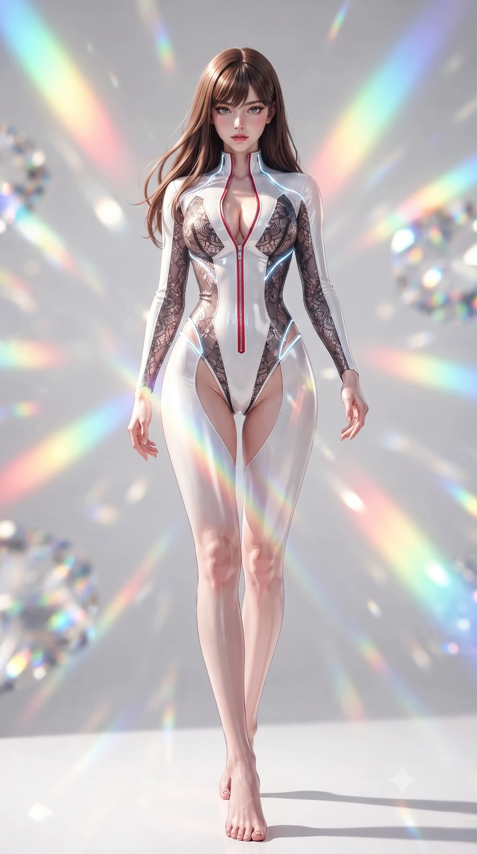 score_9, masterpiece, best quality, ultra-detailed, high-budget anime keyframe, editorial fashion photography, tasteful artistic composition, Korean woman. low angle full-body shot from head to toe showing her feet, filling the entire 9:16 vertical frame with her statuesque presence, stretching her vertical silhouette. striding forward in a proud, statuesque motion with a dangerous smolder, her vertical silhouette dominating the frame from head to toe while pivoting dynamically on a white epoxy floor as vibrant spectrum light bands wrap around her slender figure. The composition keeps background elements in soft focus with creamy bokeh. vibrant rainbow spectrum light beams and crystal facets blurred into dazzling prismatic bokeh. She has an absolutely perfect, statuesque 8.5-heads proportion, an exceptionally tall and slender model-like female figure with impossibly long slender legs, a toned flat midriff, and an ultra-slim waist. sharp v-shaped jawline, high-bridge nose, intricate jewel-like eyes with depth, thick eyelashes, glossy lips with a natural sheen, flawlessly proportioned anatomical accuracy, strict slender model proportions, natural body alignment, perfectly sculpted long slender limbs, ultra-slim waistline, clean dynamic posture without body distortion. wearing a glossy white second-skin latex bodysuit with high-thigh cuts, exposed clavicle neckline, and gleaming zipper details in radiant crimson silk and crisp snow white, crafted from delicate dark lace interwoven with luminescent micro-fibers, accented with glowing fiber-optic seams tracing her collarbones and hip curves, the glove-like aerodynamic second-skin fit tightly clinging to her ultra-slender waist and athletic curves without adding bulk, accentuating her razor-sharp statuesque lines and slim hourglass silhouette. bathed in brilliant natural white daylight intersected by vivid saturated rainbow prism beams. ultra-reflective glossy finish, specular highlights, metallic sheen, high-contrast stereoscopic depth, volumetric dynamic lighting, 2k, ultra detail, master piece, 9:16 ratio