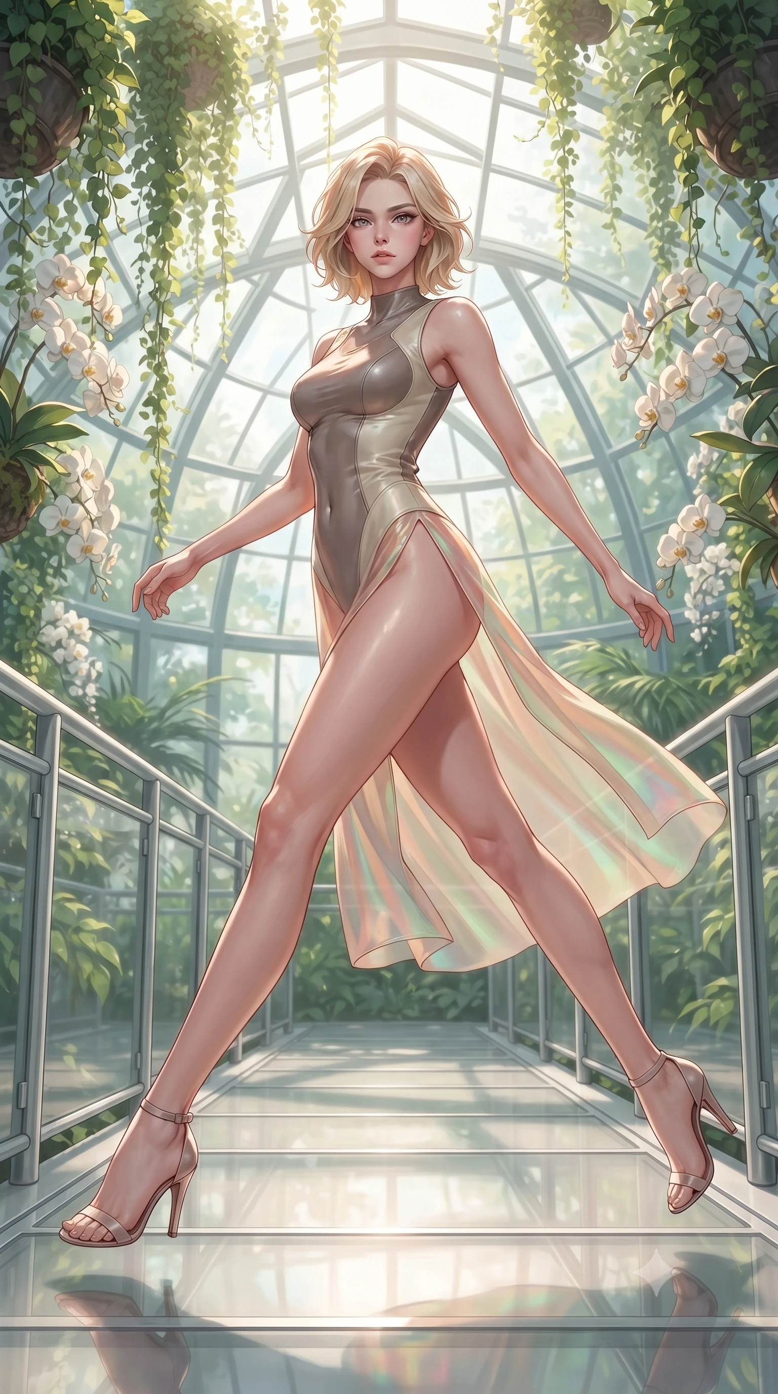 score_9, masterpiece, best quality, ultra-detailed, high-budget anime keyframe, editorial fashion photography, tasteful artistic composition, Caucasian woman. low angle full-body shot from head to toe showing her feet, filling the entire 9:16 vertical frame with her statuesque presence, stretching her vertical silhouette. leaping gracefully through the environment with statuesque elegance and long slender legs walking along a platinum-framed glass walkway in a sunlit botanical dome, lush green vines and white orchids framing the bright architectural backdrop. She has an absolutely perfect, statuesque 8.5-heads proportion, an exceptionally tall and slender model-like female figure with impossibly long slender legs and an ultra-slim waist. sharp v-shaped jawline, high-bridge nose, intricate jewel-like eyes with depth, thick eyelashes, glossy lips with a natural sheen. wearing a semi-opaque sheer overlay dress over a leather micro-bodysuit in muted taupe and soft ivory, crafted from iridescent chiffon that shifts colors in the light, finished with a sleek side slit ascending to mid-thigh, the form-contouring material highlighting her ultra-slim waist and long lines. surrounded by a bright, airy ambiance with radiant white and green highlights. ultra-reflective glossy finish, specular highlights, metallic sheen, high-contrast stereoscopic depth, volumetric dynamic lighting, 2k, ultra detail, master piece, 9:16 ratio