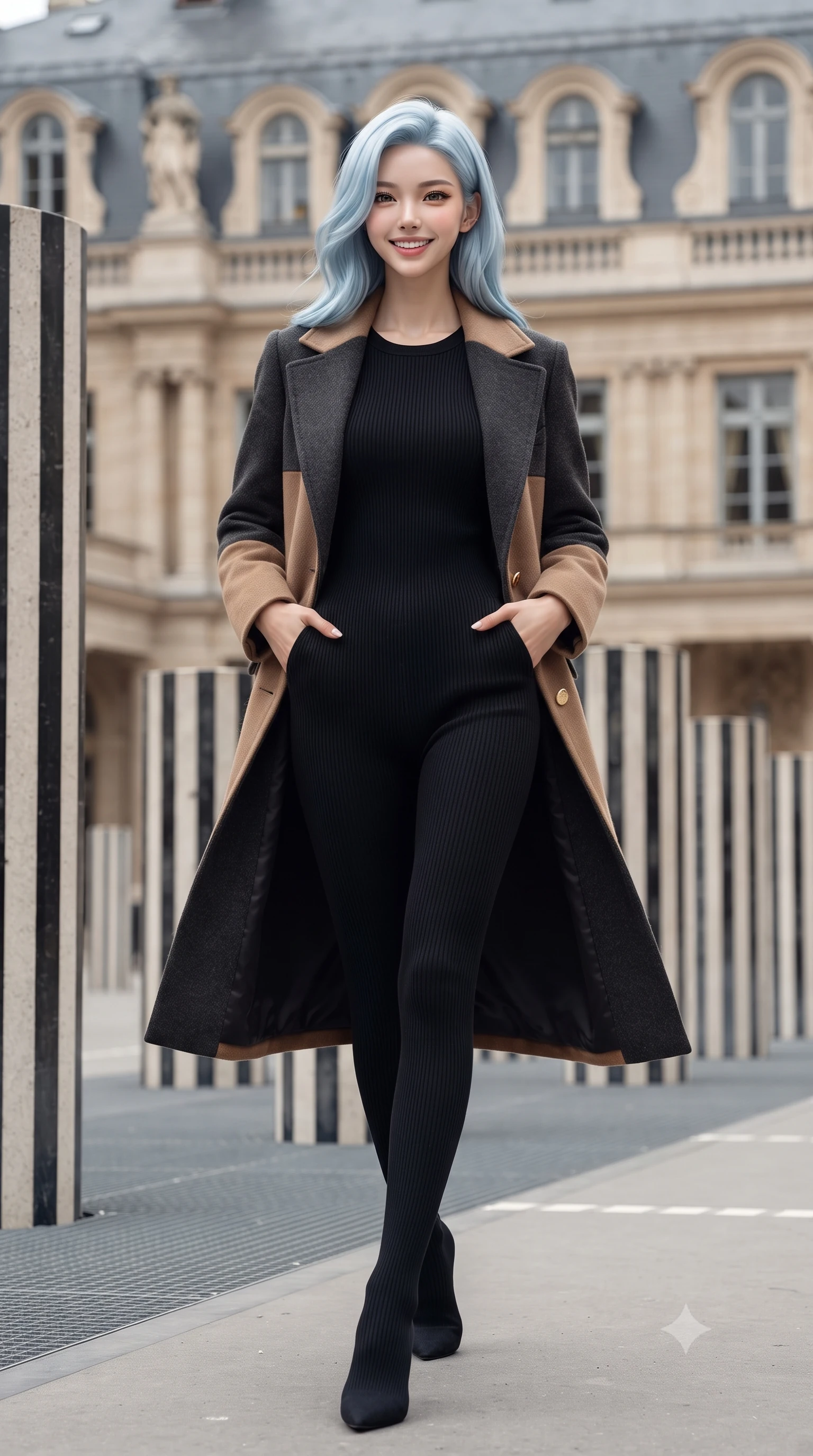 score_9, masterpiece, best quality, ultra-detailed, high-budget anime keyframe, editorial fashion photography, tasteful artistic composition, Korean woman. low angle full-body shot from head to toe showing her feet, filling the entire 9:16 vertical frame with her statuesque presence, stretching her vertical silhouette. stepping forward gracefully in mid-motion with a radiant beaming smile, hips swaying with supermodel rhythm as her vertical silhouette fills the frame while pausing at the edge of the striped Buren columns, striking a commanding fashion editorial stance with hands in tailored coat pockets. The surrounding environment is rendered in vivid detail and crisp panoramic clarity: detailed double-faced wool coat texture, horn button accents, and classical French monumental architecture in razor-sharp precision. She has an exceptionally tall and slender model-like 8.5-heads proportion, an ultra-slim waist, a flat toned midriff, narrow delicate ribcage, and beautifully sculpted feminine hips creating a graceful, slim hourglass silhouette without any bulky heaviness, with impossibly long slender legs. sharp v-shaped jawline, high-bridge nose, intricate jewel-like sparkling eyes with depth, thick eyelashes, glossy parted lips with a natural peach sheen, bright cheerful beaming smile with an enchanting and coquettish sensual glint, exuding both youthful cute charm and seductive allure, flawlessly proportioned anatomical accuracy, strict slender model proportions, natural body alignment, perfectly sculpted long slender limbs, ultra-slim waistline, clean dynamic posture without body distortion. wearing an ultra-snug ribbed merino wool catsuit jumpsuit tracing her long slender limbs and narrow waist under an open shearling jacket in gilded ivory pearl and rich obsidian, crafted from buttery-soft stretch lambskin leather adhering to her body like a second skin, accented with delicate gold button studs trailing down the snug sleeve cuffs, the liquid-tight tailored fabric clinging flawlessly to her narrow waist and rounded feminine hips, emphasizing every millimeter of her sculpted slim hourglass curves without any bulky heaviness. bathed in rhythmic alternating pools of bright autumn afternoon sun and soft shaded stone arcade ambient light. ultra-reflective glossy finish, specular highlights, rich textural contrasts, high-contrast stereoscopic depth, volumetric dynamic lighting, 2k, ultra detail, master piece, 9:16 ratio