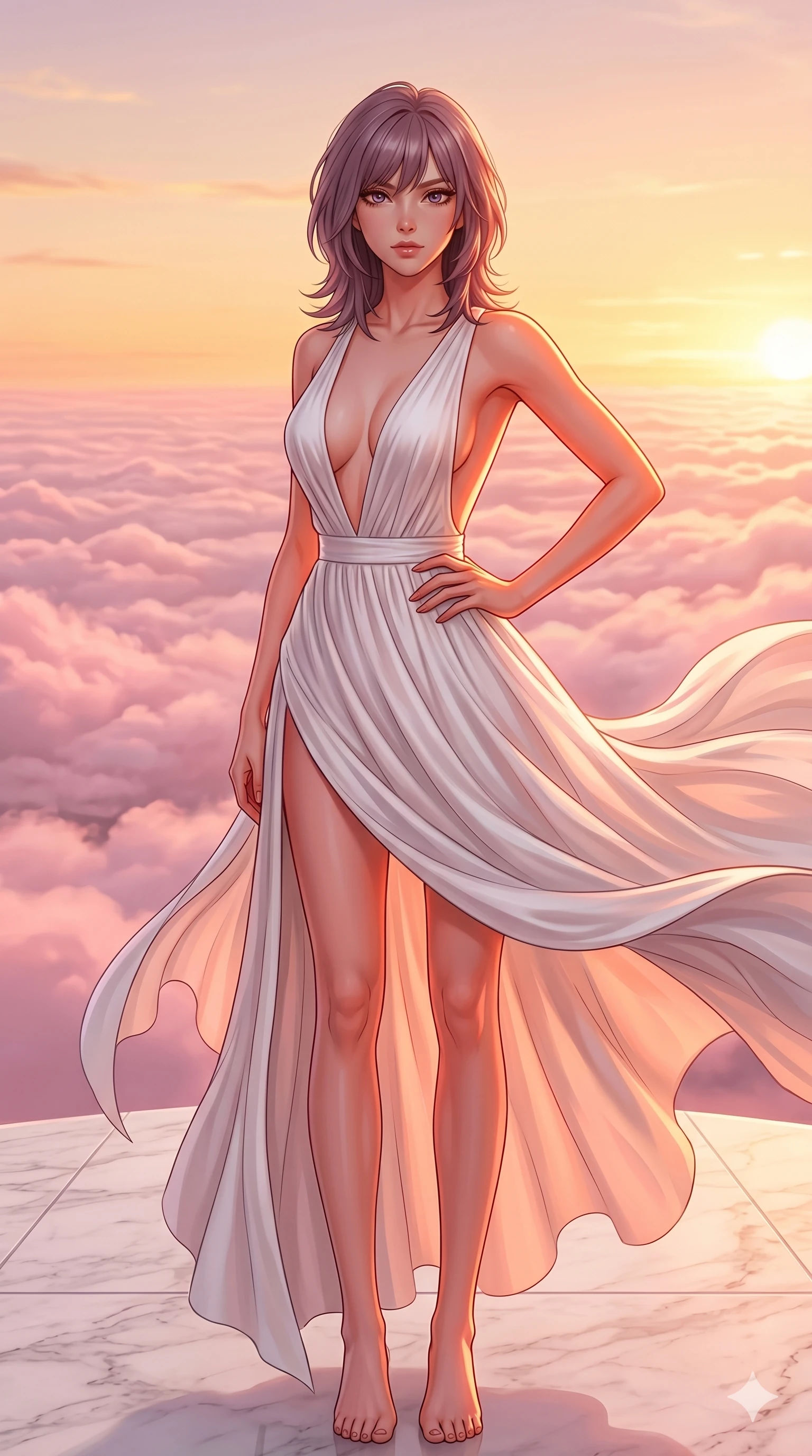 score_9, masterpiece, best quality, ultra-detailed, high-budget anime keyframe, editorial fashion photography, tasteful artistic composition, Japanese woman. cowboy shot from the thighs up, character and outfit filling the frame for maximum editorial presence. holding a confident pose, one hand on her hip, looking at the lens with quiet superiority on a floating marble terrace high above a sea of pink clouds (Code-P16-028). She has an absolutely perfect 8-heads proportion, an exceptionally tall and slender female figure with impossibly long slender legs and an ultra-slim waist. V-shaped jawline, high-bridge nose, intricate jewel-like eyes with depth, thick eyelashes, glossy lips with a natural sheen. wearing a flowing white silk gown with a daring plunging V-neckline and a scooped open back. bathed in warm, golden sunset light, casting a beautiful orange-pink glow on her skin. 2k, ultra detail, master piece, 9:16 ratio