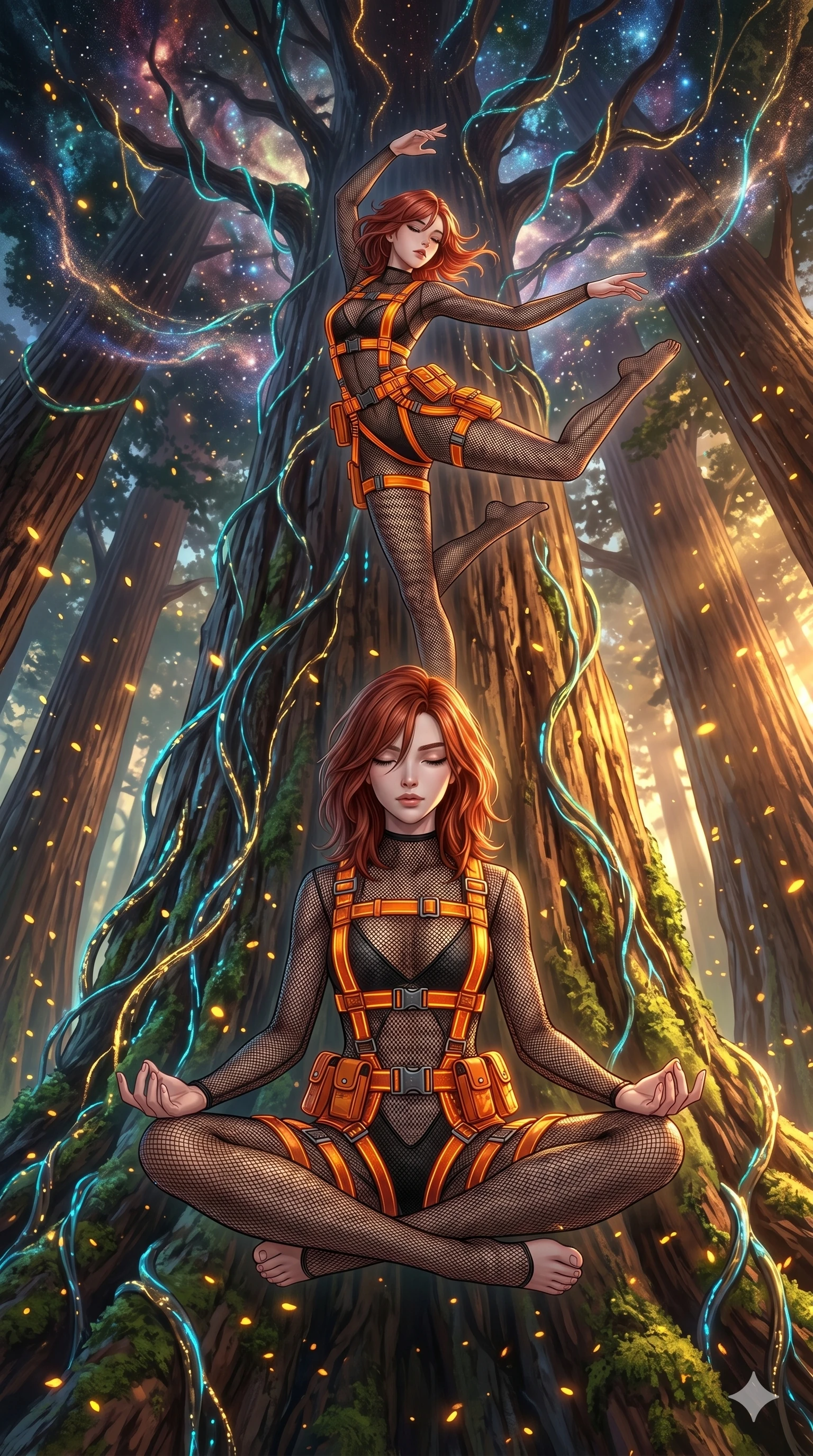 score_9, masterpiece, best quality, ultra-detailed, Set A: High-budget Anime Keyframe, Japanese woman. Low angle cowboy shot filling the entire 9:16 frame with her statuesque presence. Theme: Abstract Cosmic. meditating in a giant redwood forest with glowing vines, as her reflection in the air starts to dance independently 155. The atmosphere is filled with golden hour with floating embers. She has an absolutely perfect 8-heads proportion, an exceptionally tall and slender female figure with impossibly long slender legs and an ultra-slim waist. Sharp v-shaped jawline, high-bridge nose, intricate jewel-like eyes with depth, glossy lips. Wearing Industrial worker-chic with a glowing orange harness over a mesh bodysuit. Cinematic lighting, vivid colors, dramatic shadows, 2k, ultra detail, master piece, 9:16 ratio