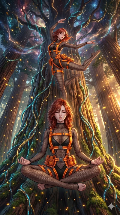 score_9, masterpiece, best quality, ultra-detailed, Set A: High-budget Anime Keyframe, Japanese woman. Low angle cowboy shot filling the entire 9:16 frame with her statuesque presence. Theme: Abstract Cosmic. meditating in a giant redwood forest with