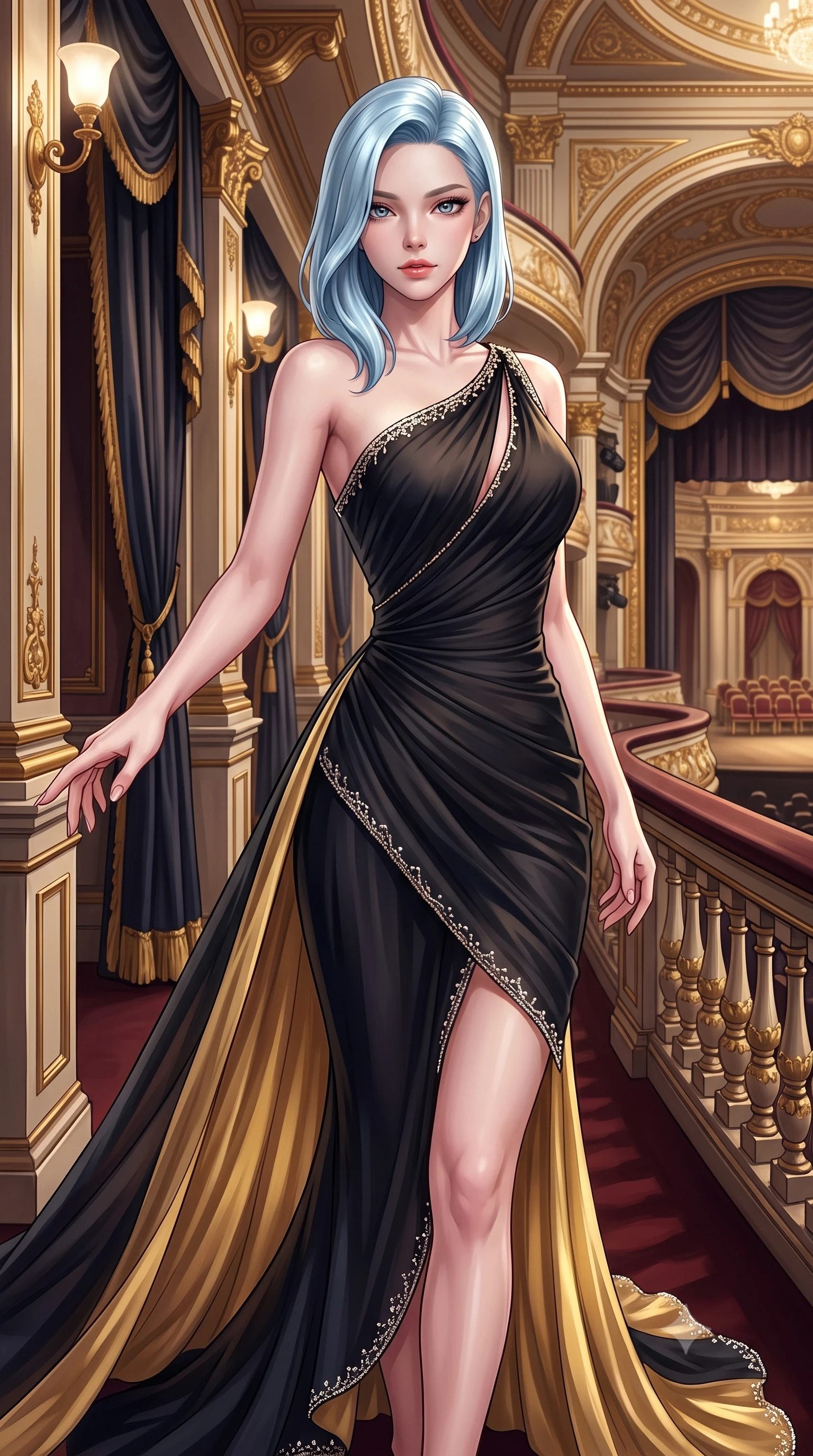 score_9, masterpiece, best quality, ultra-detailed, high-budget anime keyframe, semi-realistic 3D game render, editorial fashion photography, tasteful artistic composition, Korean woman. close-up cowboy shot from the waist and thighs up, the character dominates the composition, filling the frame with her large presence. extending one slender arm gracefully toward the foreground while casting an affectionate, mesmerizing glance while stepping along the private opera loge walkway with sweeping couture elegance and magnetic charisma. The surrounding environment is rendered in vivid detail and crisp panoramic clarity. high-contrast royal chiaroscuro and breathtaking neoclassical theater architecture rendered in precision. She has an exceptionally elegant, slender, and willowy female figure with an ultra-slim waist, a gracefully sculpted slender torso, toned flat midriff, and a refined slim silhouette. sharp v-shaped jawline, high-bridge nose, intricate jewel-like eyes with depth, thick eyelashes, glossy lips with a natural sheen, captivating and magnetic expression, flawlessly proportioned anatomical accuracy, strict slender model proportions, natural body alignment, perfectly sculpted long slender limbs, ultra-slim waistline, clean dynamic posture without body distortion. wearing an asymmetric one-shoulder silk chiffon red-carpet gown with a sweeping flowing train in midnight obsidian black and liquid gold, woven from airy multi-layered silk chiffon with a weightless drape, finished with delicate crystal embroidery along the neckline and hem, the sleek tailored cut tightly hugging her graceful clavicle, narrow waist, and feminine curves with statuesque precision. surrounded by an aristocratic, majestic, and enchantingly sovereign high-society queen aura. highly saturated vibrant anime colors, detailed shading with soft gradients, rich glossy textures, high-contrast stereoscopic depth, volumetric dynamic lighting, master piece, 9:16 ratio