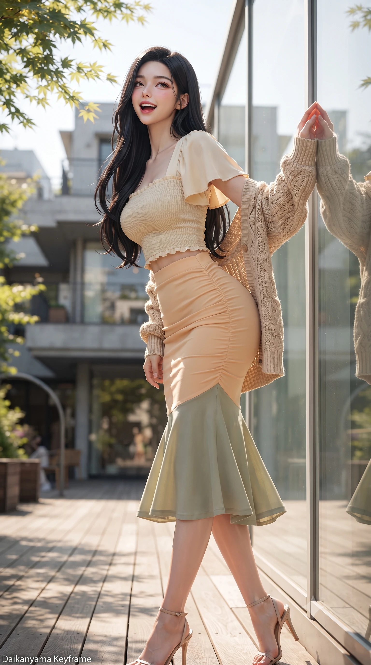score_9, masterpiece, best quality, ultra-detailed, high-budget anime keyframe, editorial fashion photography, tasteful artistic composition, Korean woman. low angle full-body shot from head to toe showing her feet, filling the entire 9:16 vertical frame with her statuesque presence, stretching her vertical silhouette. executing a cheerful mid-motion pivot turn as her skirt flutters around her slender legs, glancing over her shoulder with an intoxicating, teasing cute expression while leaning against a minimalist glass pavilion wall with hips cocked back, casting an enchanting, playful bedroom-gaze past leafy maple branches. The surrounding environment is rendered in vivid detail and crisp panoramic clarity. detailed knit cardigan texture, soft sunlight highlights on skin, and Daikanyama architecture clarity in high resolution. She has an exceptionally tall and slender model-like 8.5-heads proportion, an ultra-slim waist, a flat toned midriff, narrow delicate ribcage, and beautifully sculpted feminine hips creating a graceful, slim hourglass silhouette without any bulky heaviness, with impossibly long slender legs. sharp v-shaped jawline, high-bridge nose, intricate jewel-like sparkling eyes with depth, thick eyelashes, glossy parted lips with a natural peach sheen, bright cheerful beaming smile with an enchanting and coquettish sensual glint, exuding both youthful cute charm and seductive allure, flawlessly proportioned anatomical accuracy, strict slender model proportions, natural body alignment, perfectly sculpted long slender limbs, ultra-slim waistline, clean dynamic posture without body distortion. wearing a fitted square-neck smocked crop top paired with a curve-hugging ruched mermaid midi skirt in soft apricot and sage green, crafted from liquid-tight stretch jersey emphasizing every curve, featuring elegant flutter sleeves and a graceful square neckline, the high-waisted tailoring accentuating her ultra-slim waistline and the enchanting curve of her feminine hips with alluring charm. illuminated by warm wooden deck bounce light sculpting her razor-sharp jawline, narrow waist, and curvy hips. ultra-reflective glossy finish, specular highlights, rich textural contrasts, high-contrast stereoscopic depth, volumetric dynamic lighting, 2k, ultra detail, master piece, 9:16 ratio