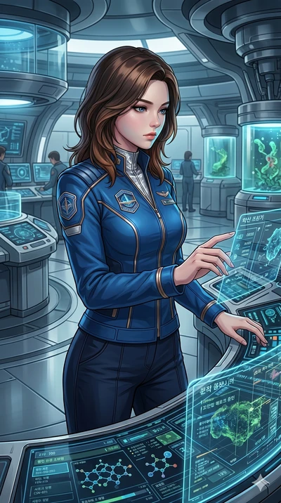 score_9, masterpiece, best quality, ultra-detailed, high-budget anime keyframe, Korean woman. Upper body close-up from the thighs up, character filling the screen for maximum presence. On a biotech laboratory bridge, during an environmental scan, loo