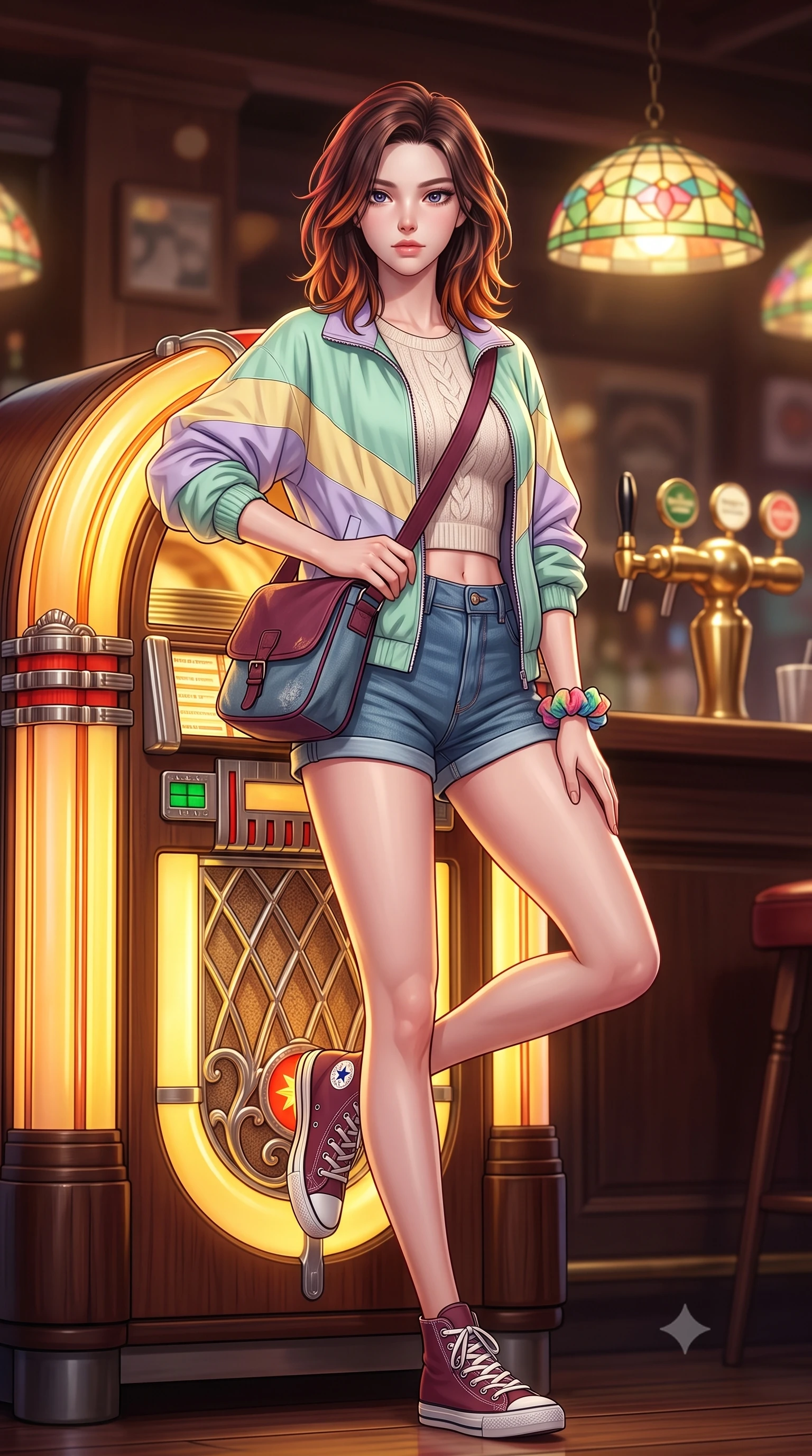 score_9, masterpiece, best quality, ultra-detailed, high-budget anime keyframe, semi-realistic 3D game render, editorial fashion photography, tasteful artistic composition, Korean woman. low angle full-body shot from head to toe showing her feet, filling the entire 9:16 vertical frame with her statuesque presence, stretching her vertical silhouette. standing poised with one hip cocked in an alluring high-fashion pose, her tall 8.5-heads proportions dominating the scene while leaning against a classic jukebox as warm golden tubes glow behind her, tapping her foot to an old groove. The composition keeps background elements in soft focus with creamy bokeh. stained glass pendant lamps and brass bar taps softened in cozy analog depth of field. She has an absolutely perfect, statuesque 8.5-heads proportion, an exceptionally tall and slender model-like female figure with impossibly long slender legs, a toned flat midriff, and an ultra-slim waist. sharp v-shaped jawline, high-bridge nose, intricate jewel-like eyes with depth, thick eyelashes, glossy lips with a natural sheen, captivating and magnetic expression, flawlessly proportioned anatomical accuracy, strict slender model proportions, natural body alignment, perfectly sculpted long slender limbs, ultra-slim waistline, clean dynamic posture without body distortion. wearing a retro pastel colorblock windbreaker paired with high-waisted denim shorts and a canvas crossbody bag in rich wine burgundy and faded vintage blue, knitted from soft cozy lambswool yarn with cable-knit textures, accessorized with a colorful scrunchie on her wrist and classic retro high-top sneakers, the form-contouring material adhering flawlessly to her sculpted flat midriff and slender torso, emphasizing her long leg lines and perfectly proportioned willowy build. surrounded by a classy, soulful, and deeply romantic retro audiophile sweetheart aura. highly saturated vibrant anime colors, detailed shading with soft gradients, rich glossy textures, high-contrast stereoscopic depth, volumetric dynamic lighting, master piece, 9:16 ratio