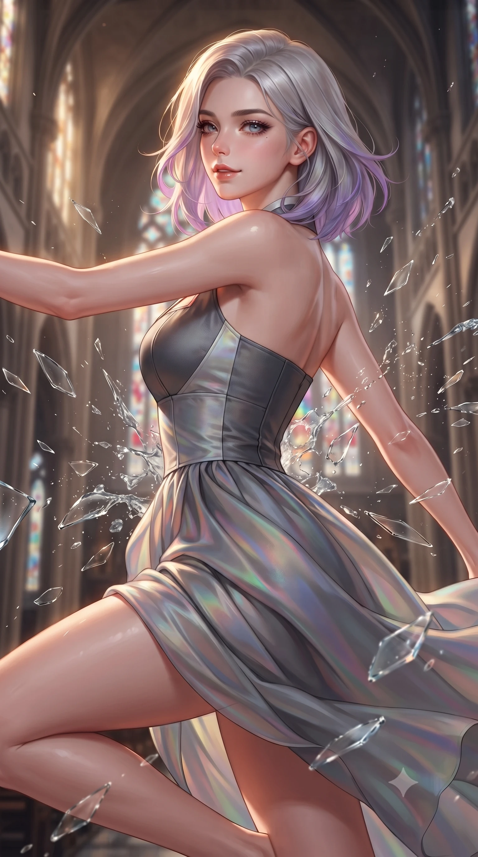 score_9, masterpiece, best quality, ultra-detailed, high-budget anime keyframe, editorial fashion photography, tasteful artistic composition, Caucasian woman. close-up cowboy shot from the waist and thighs up, the character dominates the composition, filling the frame with her large presence, background elements kept in soft focus. Glancing sidelong over her shoulder with a smoldering half-smile and heavy lashes leaping through shattered liquid glass fragments in a illuminated cathedral, shattered glass shards catching bright specular highlights in mid-air. She has an exceptionally elegant, slender, and willowy female figure with an ultra-slim waist, a gracefully sculpted slender torso, and a refined silhouette. sharp v-shaped jawline, high-bridge nose, intricate jewel-like eyes with depth, thick eyelashes, glossy lips with a natural sheen. wearing a modern fusion silk hanbok dress with a structured bodice in charcoal grey and platinum, crafted from iridescent chiffon that shifts colors in the light, accented with a Tasteful chest slit framing her clavicle gracefully, the elegant draped fit framing her graceful clavicle and slender torso. illuminated by a warm golden key light and brilliant multi-color rim light. highly saturated vibrant anime colors, detailed shading with soft gradients, rich glossy textures, high-contrast stereoscopic depth, volumetric dynamic lighting, master piece, 9:16 ratio