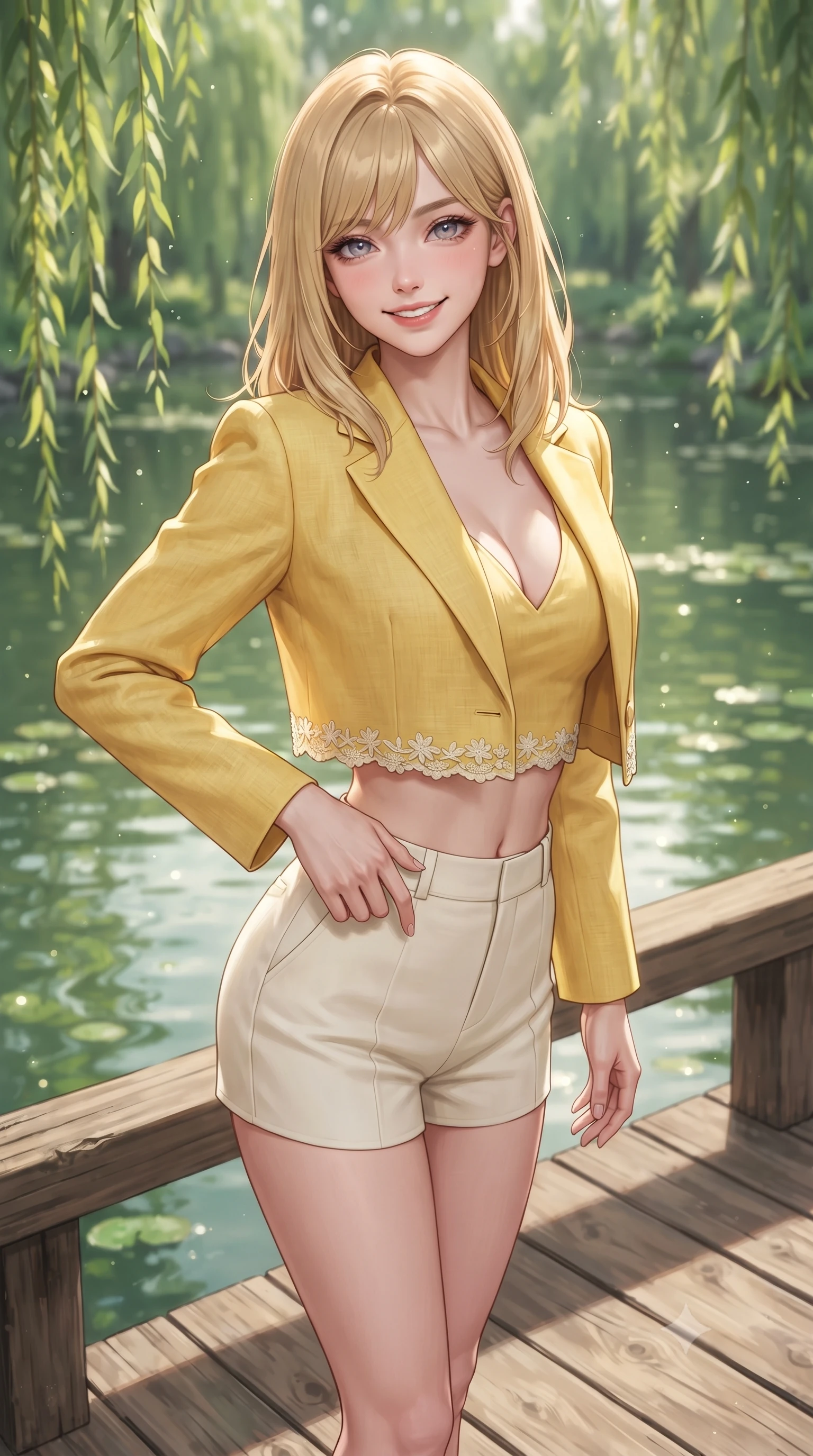 score_9, masterpiece, best quality, ultra-detailed, high-budget anime keyframe, editorial fashion photography, tasteful artistic composition, Japanese woman. close-up cowboy shot from the waist and thighs up, the character dominates the composition, filling the frame with her large presence. tilting her head with a cute beaming smile while arching her spine with effortless dancer poise, one hand sliding along her hip line in a flirtatious S-curve while standing poised on the wooden bridge deck, twisting her slender torso in an alluring S-curve as weeping willows dip gently into reflective green waters. The composition keeps background elements in soft focus with dreamy creamy bokeh. sun-dappled pond reflections and gentle water ripples softened in impressionist romantic shallow focus. She has an exceptionally elegant, slender, and willowy female figure with an ultra-slim waist, flat toned midriff, narrow ribcage, and sculpted feminine hips creating an alluring, slim hourglass silhouette without bulk. sharp v-shaped jawline, high-bridge nose, intricate jewel-like sparkling eyes with depth, thick eyelashes, glossy parted lips with a natural peach sheen, bright cheerful beaming smile with an enchanting and coquettish sensual glint, exuding both youthful cute charm and seductive allure, flawlessly proportioned anatomical accuracy, strict slender model proportions, natural body alignment, perfectly sculpted long slender limbs, ultra-slim waistline, clean dynamic posture without body distortion. wearing a chic cropped linen blazer worn with a plunging-V camisole and high-waisted tailored hot-pants showcasing her long slender legs in bright butter yellow and fresh cream white, crafted from soft cozy cashmere yarn with an airy drape, complemented by delicate embroidered floral trim along the hem, the form-contouring cut accentuating her sculpted flat midriff, narrow delicate ribcage, and gracefully curvy hips with supermodel precision. illuminated by calm pond surface specular reflections sharply defining her razor-sharp jawline, narrow waist, and curvy hips. ultra-reflective glossy finish, specular highlights, rich textural contrasts, high-contrast stereoscopic depth, volumetric dynamic lighting, 2k, ultra detail, master piece, 9:16 ratio