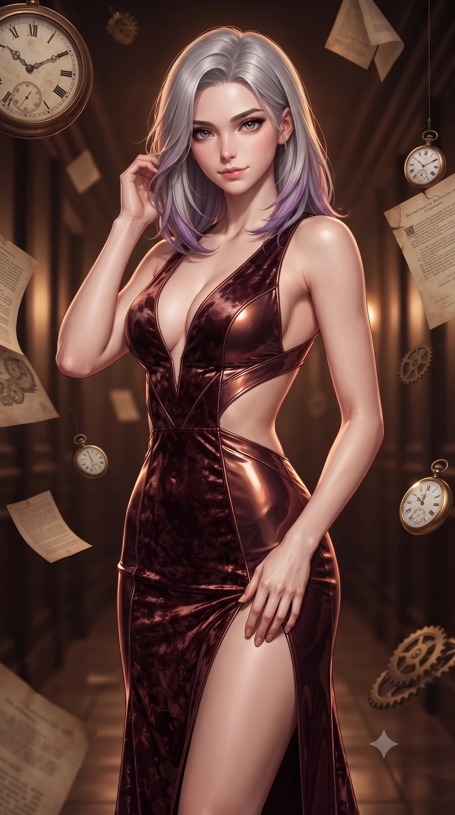 score_9, masterpiece, best quality, ultra-detailed, high-budget anime keyframe, editorial fashion photography, tasteful artistic composition, Caucasian woman. close-up cowboy shot from the waist and thighs up, the character dominates the composition, filling the frame with her large presence, background elements kept in soft focus. Smiling with quiet, magnetic self-assurance directly into the lens standing in a corridor where antique clock dials and historical parchments float in amber light, suspended paper documents and pocket watches frozen mid-air in amber resin light. She has an exceptionally elegant, slender, and willowy female figure with an ultra-slim waist, a gracefully sculpted slender torso, and a refined silhouette. sharp v-shaped jawline, high-bridge nose, intricate jewel-like eyes with depth, thick eyelashes, glossy lips with a natural sheen. wearing a backless crushed velvet gown with a deep V-neckline and high thigh slit in deep burgundy and bronze, tailored from high-gloss patent leather, featuring clean architectural cutouts along her slender torso, the sleek second-skin texture accentuating her magnetic presence. surrounded by a mysterious, timeless atmosphere with deep warm gradients. ultra-reflective glossy finish, specular highlights, metallic sheen, high-contrast stereoscopic depth, volumetric dynamic lighting, 2k, ultra detail, master piece, 9:16 ratio