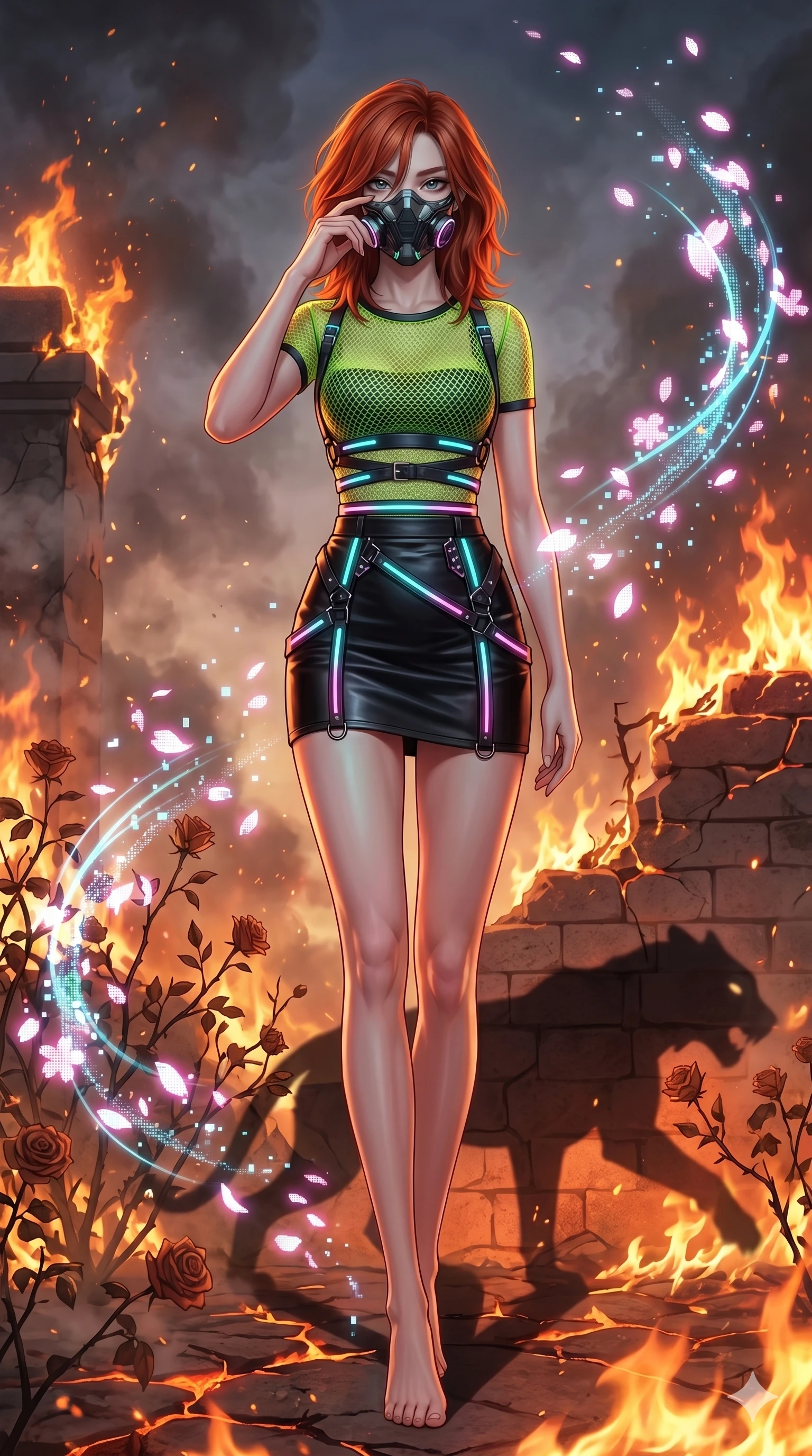 score_9, masterpiece, best quality, ultra-detailed, Set A: High-budget Anime Keyframe, Korean woman. Low angle cowboy shot filling the entire 9:16 frame with her statuesque presence. Adjusting a mask through a burning rose garden, while her shadow mimics the movements of a predator 35 and surrounded by digital sakura petals. She has an absolutely perfect 8-heads proportion, an exceptionally tall and slender female figure with impossibly long slender legs and an ultra-slim waist. Sharp v-shaped jawline, high-bridge nose, intricate jewel-like eyes with depth, thick eyelashes, glossy lips with a natural sheen. Wearing Fluorescent mesh top with a leather mini-skirt and neon-lit harness details. Cinematic lighting, vibrant colors, dramatic shadows, 2k, ultra detail, master piece, 9:16 ratio