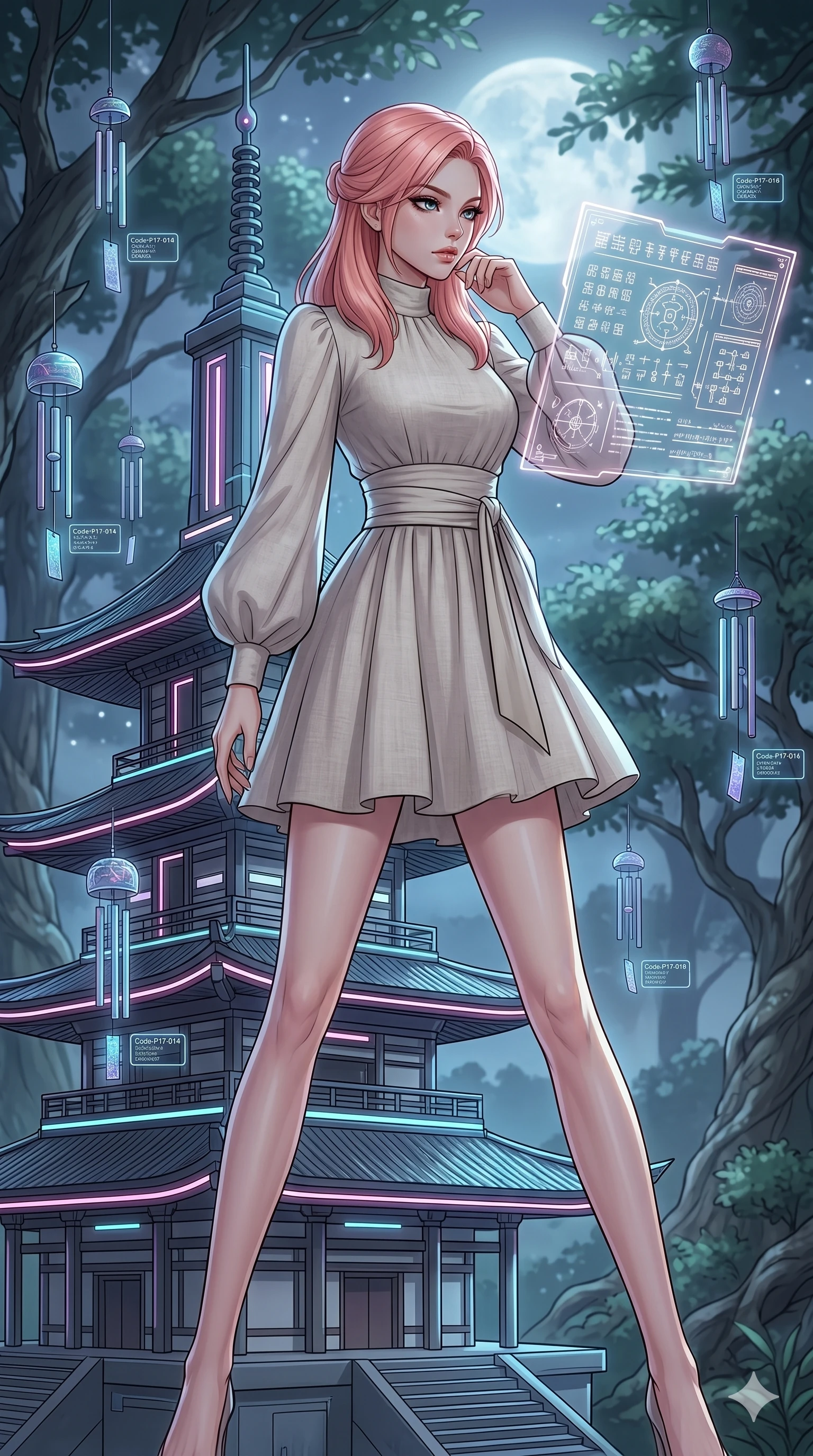 score_9, masterpiece, best quality, ultra-detailed, high-budget anime keyframe, editorial fashion photography, tasteful artistic composition, Japanese woman. cowboy shot from the thighs up, character and outfit filling the frame for maximum editorial presence. gazing at a floating glowing manuscript, her expression composed, intelligent and powerful by a futuristic cyber-pagoda surrounded by floating digital wind chimes (Code-P17-014). She has an absolutely perfect 8-heads proportion, an exceptionally tall and slender female figure with impossibly long slender legs and an ultra-slim waist. V-shaped jawline, high-bridge nose, intricate jewel-like eyes with depth, thick eyelashes, glossy lips with a natural sheen. wearing a high-neck linen sundress with long puffed sleeves and a wide sash. soft silver moonlight filtered through the leaves, creating a mystical and elegant glow. 2k, ultra detail, master piece, 9:16 ratio