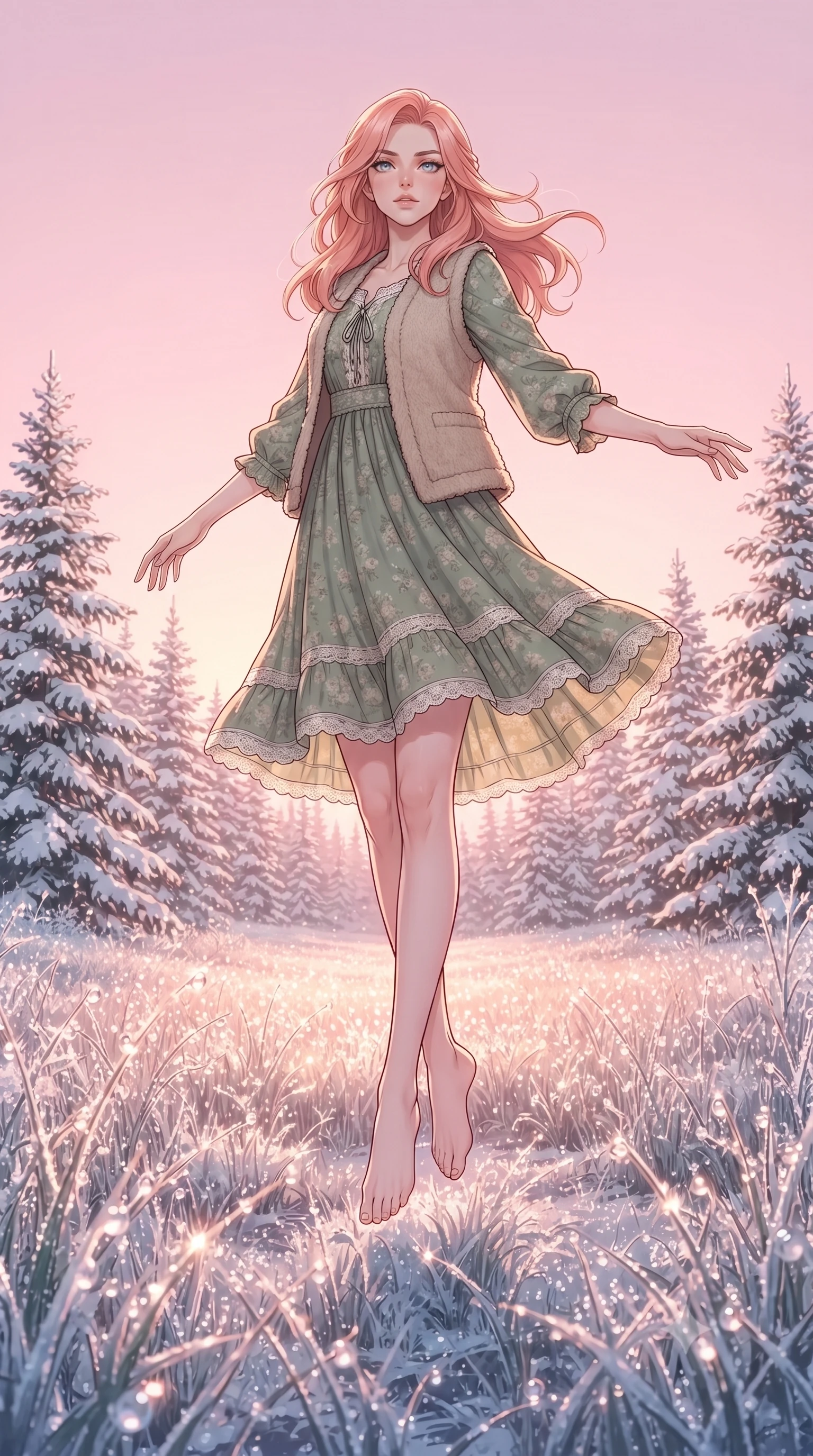 score_9, masterpiece, best quality, ultra-detailed, high-budget anime keyframe, gorgeous anime illustration, with clean line-art, distinct ink outlines, and high-contrast stereoscopic depth, Japanese woman. low angle full-body shot from head to toe showing her feet, filling the entire 9:16 vertical frame with her statuesque presence, stretching her vertical silhouette. floating with ethereal lightness within a meadow covered in frost where every blade of grass is tipped with frozen droplets of dew that sparkle like diamonds, surrounded by snow-draped pine trees under a clear pink morning sky. She has a statuesque 8.5-heads proportion, an exceptionally tall, slender and willowy model-like build with impossibly long legs and a highly sculpted ultra-slim waist. sharp v-shaped jawline, high-bridge nose, intricate jewel-like eyes with depth, thick eyelashes, glossy lips with a natural sheen. wearing a bohemian peasant-style cotton dress in sage green, layered with a cozy oatmeal wool-blend vest. soft pink and gold dawn light reflecting off the ice-tipped grass, creating a sparkling and glowing lower field. 2k, ultra detail, master piece, 9:16 ratio, highly saturated vibrant anime colors, detailed cel-shading with soft gradients, rich glossy textures, deep contrast, volumetric dynamic lighting, 2d animation style